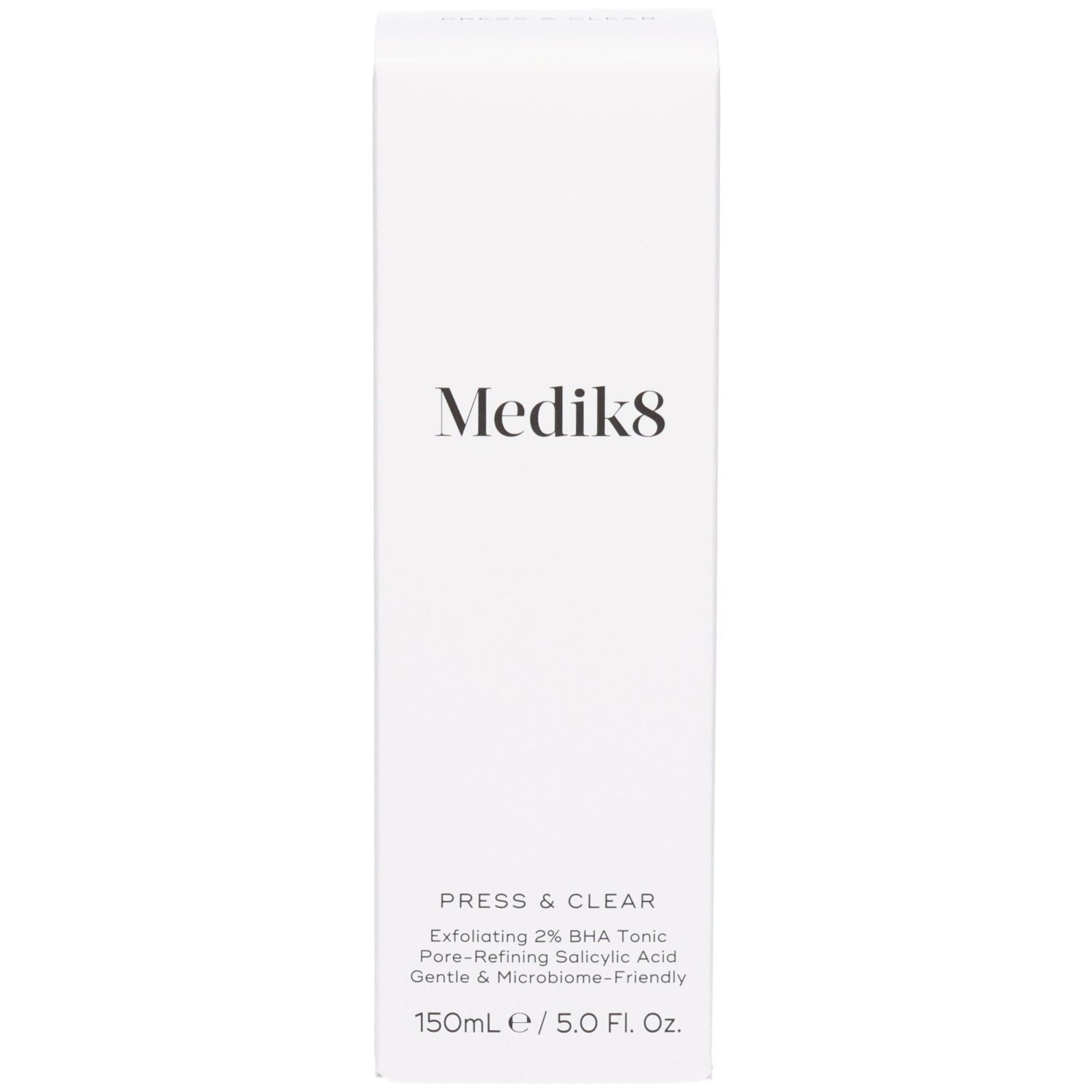 Boîte d'emballage pour Medik8 Press & Clear 150ml avec informations détaillées sur le produit.