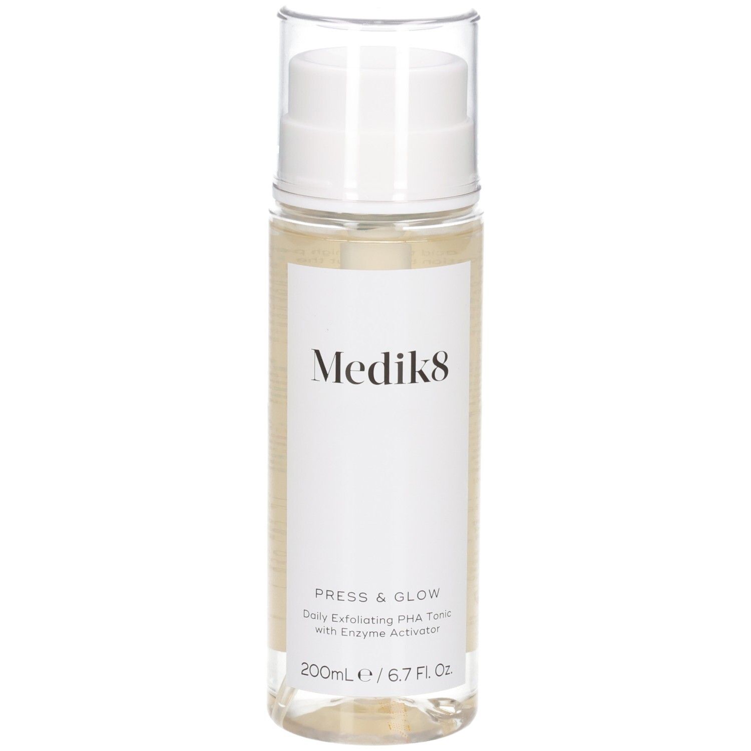 Medik8 Press & Glow Toner dans un flacon transparent avec pompe blanche. Contient 200ml.