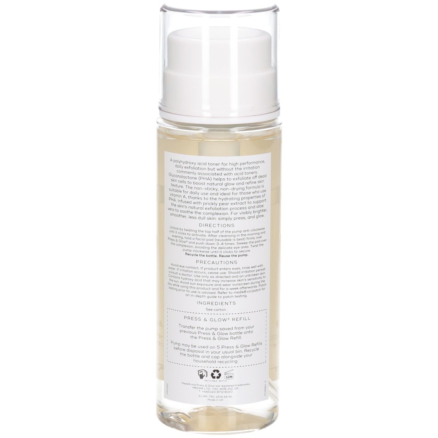 Arrière du Medik8 Press & Glow Toner avec ingrédients, instructions d'utilisation et précautions.