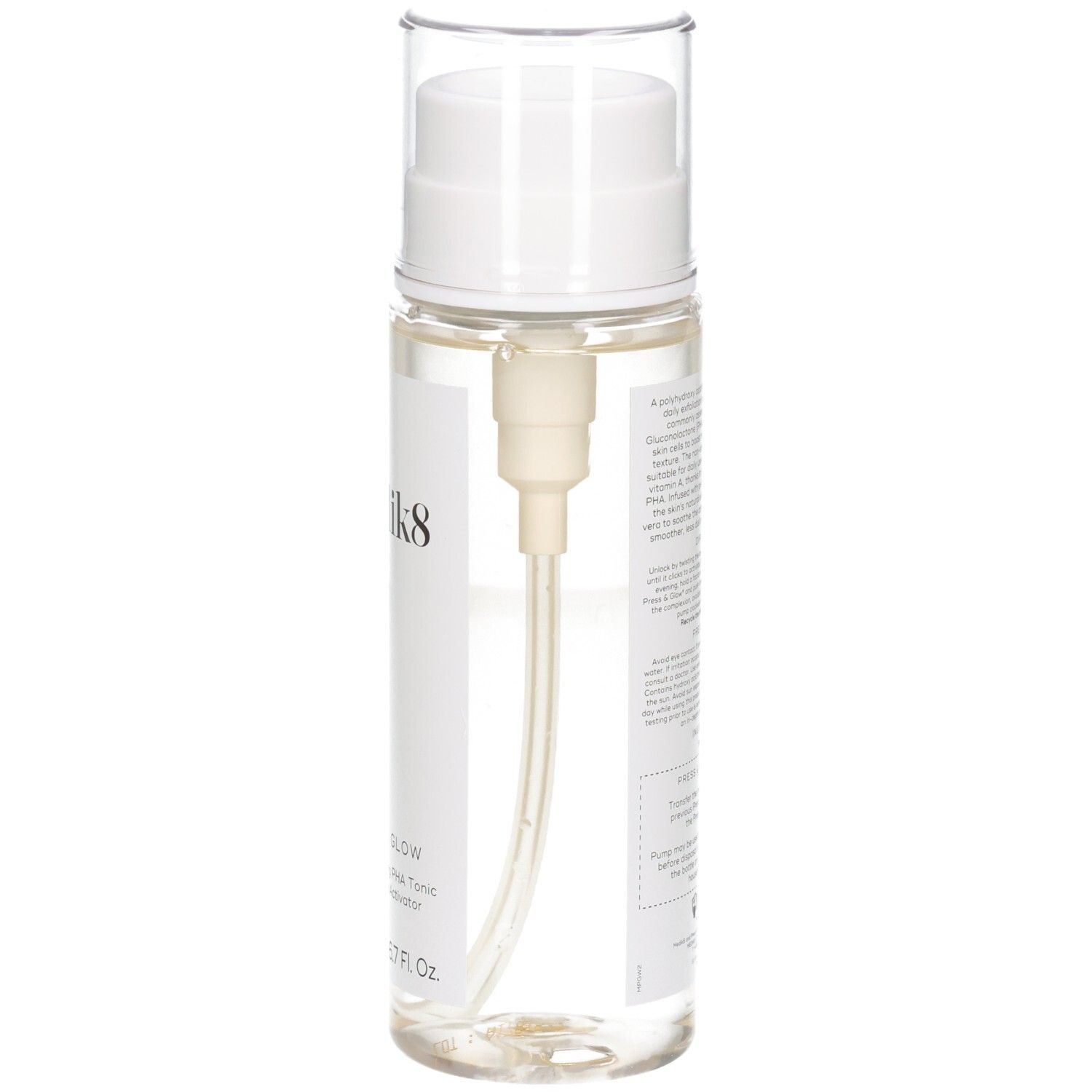 Vue latérale du Medik8 Press & Glow Toner, montrant le flacon transparent et le distributeur à pompe.