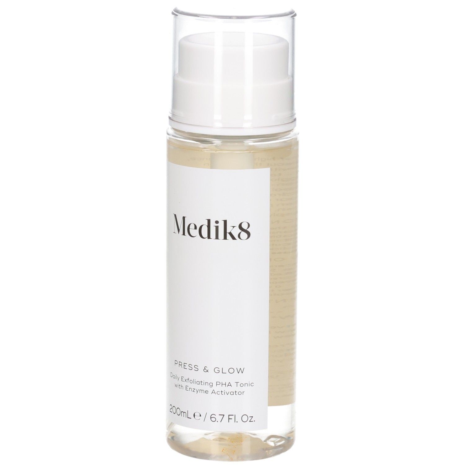 Medik8 Press & Glow Toner dans un flacon transparent avec pompe blanche, vue de face. Contient 200ml.