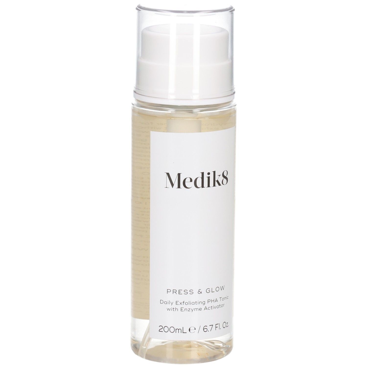Medik8 Press & Glow Toner dans un flacon transparent avec pompe blanche, vue de face. Contient 200ml.