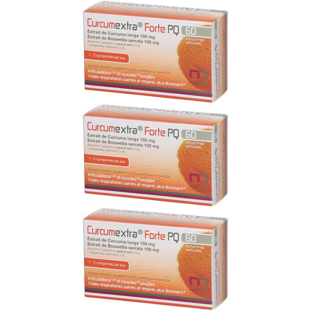 Trois boîtes de Curcumextra® Forte PQ. Inscription: Extrait de Curcuma longa 150 mg, Extrait de Boswellia serrata 100 mg. 60 comprimés.