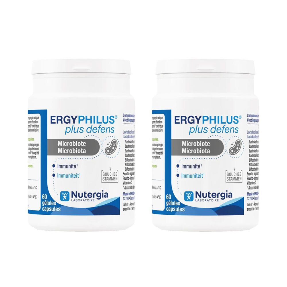 Twee witte flessen met blauwe etiketten. Opschrift: Ergyphilus plus defens, Microbiote Microbiota, Immunité, 60 capsules. Merk: Nutergia.