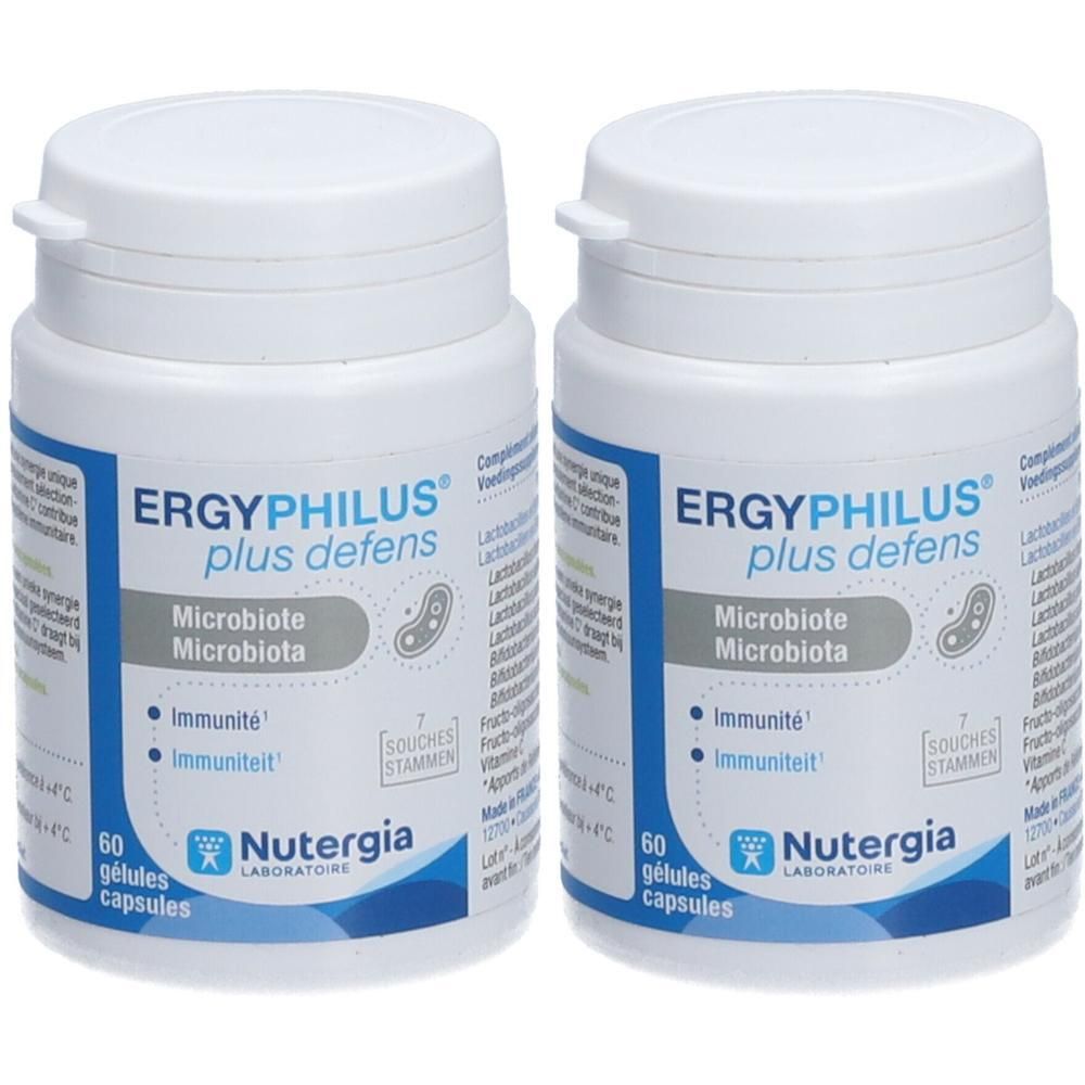 Twee witte flessen met blauw etiket. Opschrift: Ergyphilus plus defens, 60 capsules. Merk: Nutergia.