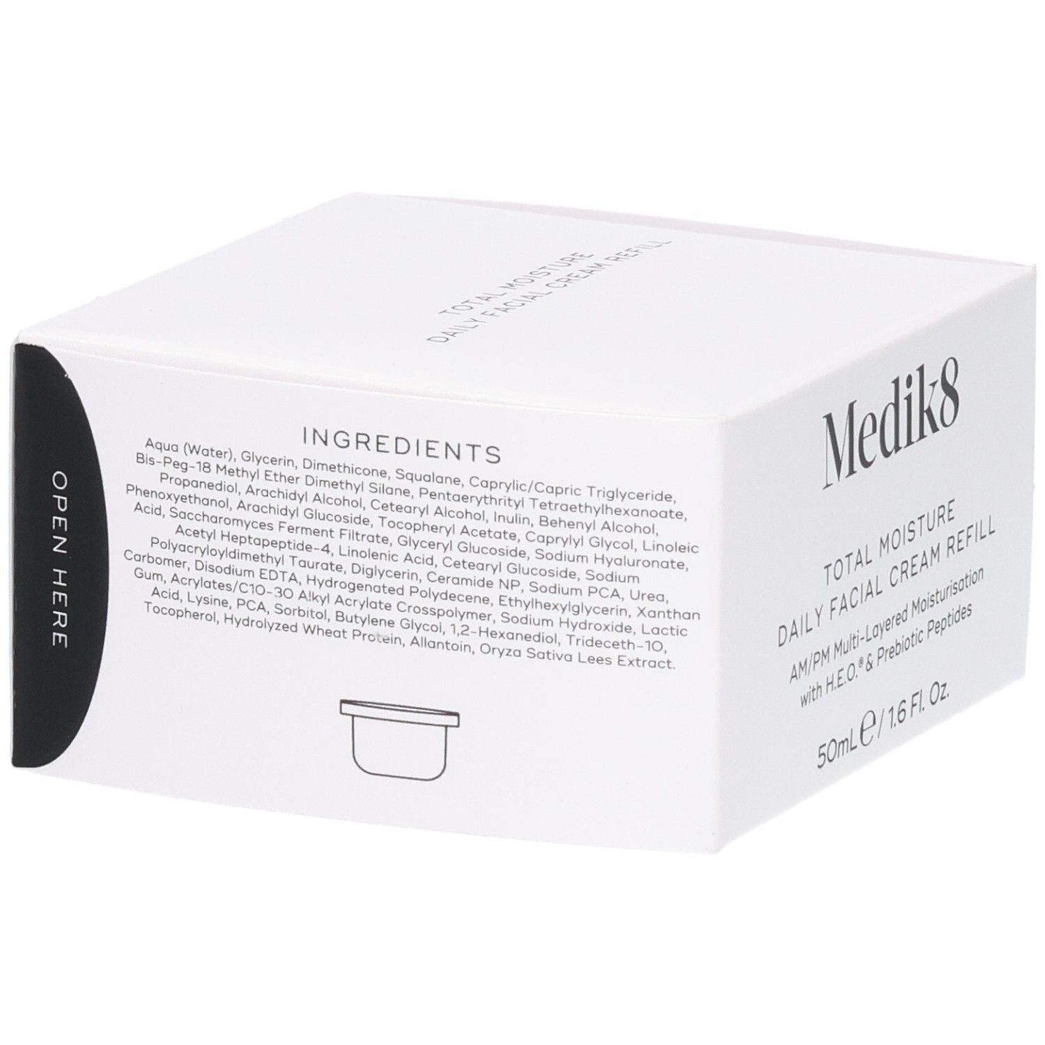 Medik8 Total Moisture Dagcrème Navulling, zijkant met ingrediëntenlijst en openingsinstructie.