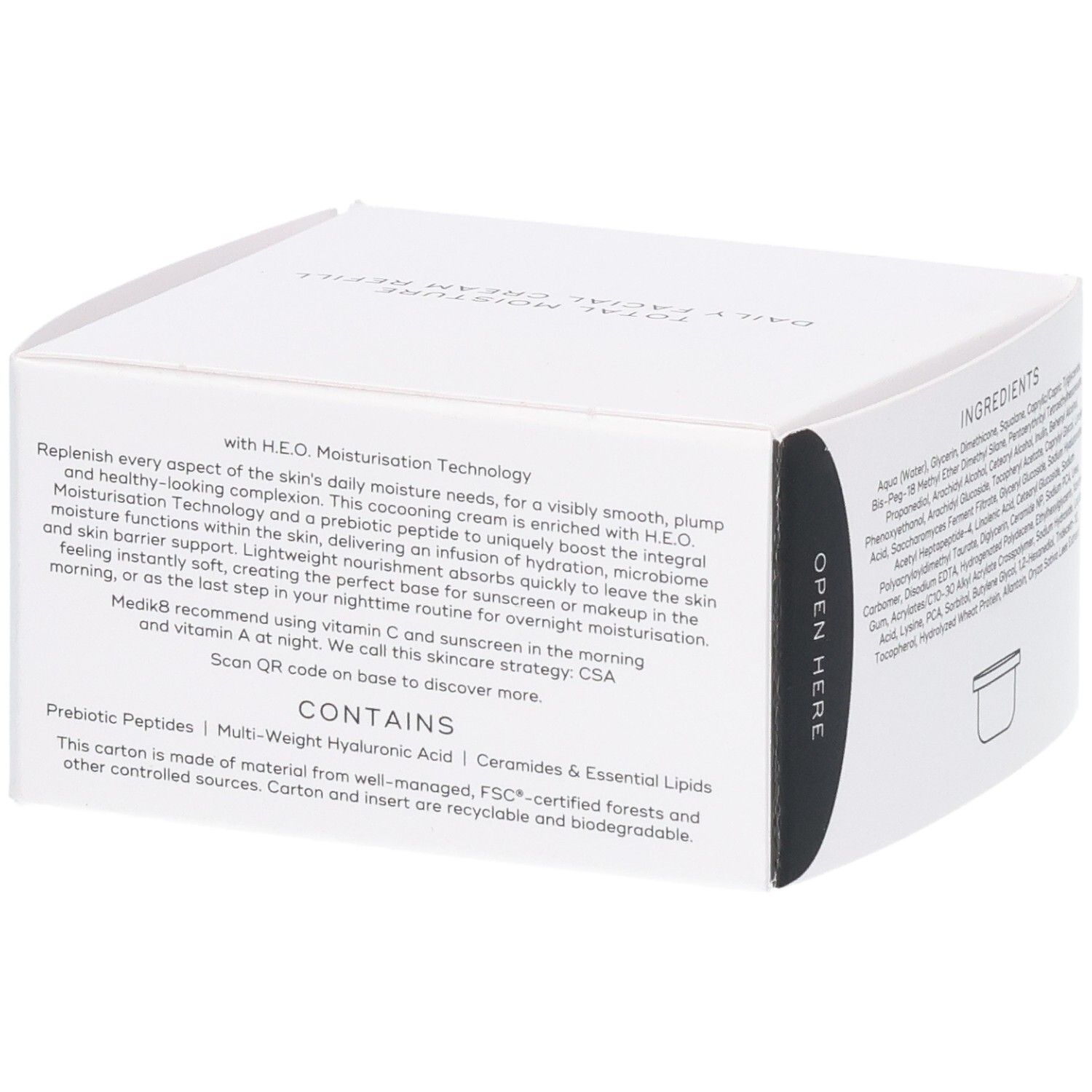 Medik8 Total Moisture Dagcrème Navulling, zijkant met productomschrijving en ingrediënten.