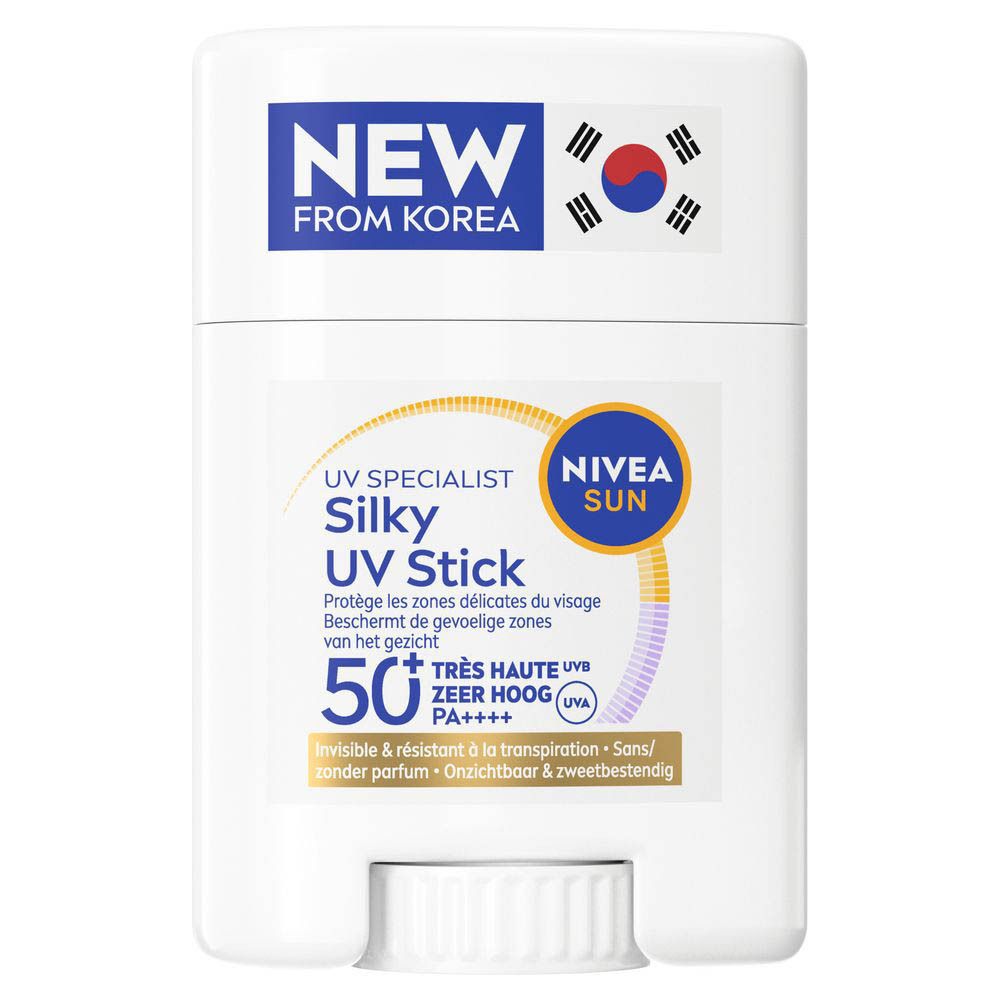 Stick UV blanc avec texte bleu et jaune. Inscription : NIVEA SUN, UV Specialist Silky UV Stick 50+.