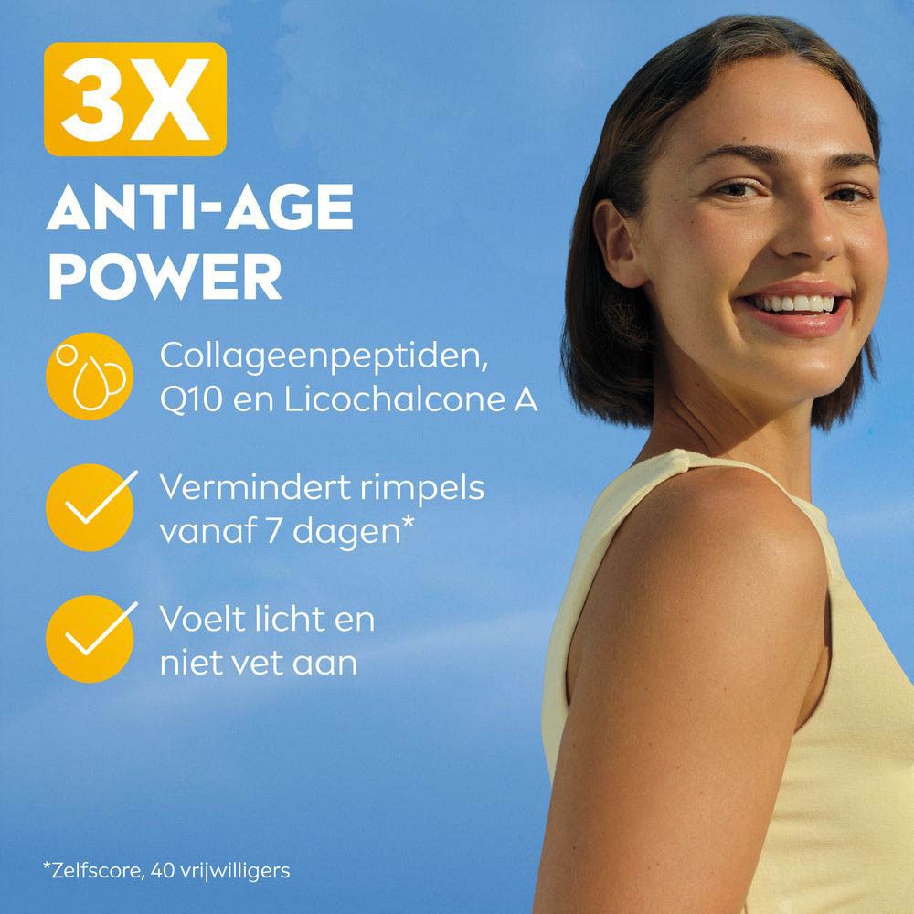 NIVEA SUN Face Anti-Age Q10 SPF50+ tube. Tekst: BREATHABLE UV-BESCHERMING. 2 gele vinkjes.