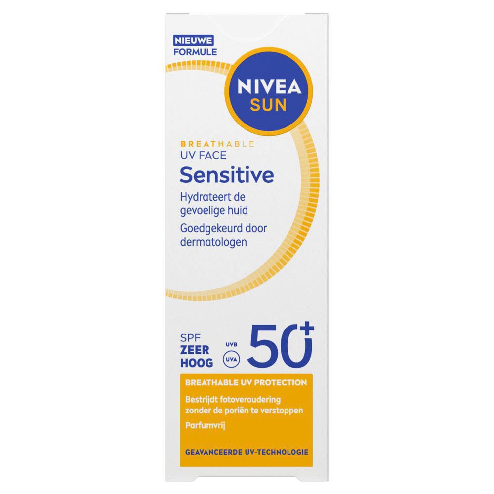 Tube blanc avec bouchon jaune. Inscription: NIVEA SUN, UV FACE Sensitive, SPF 50+. Texte en français.