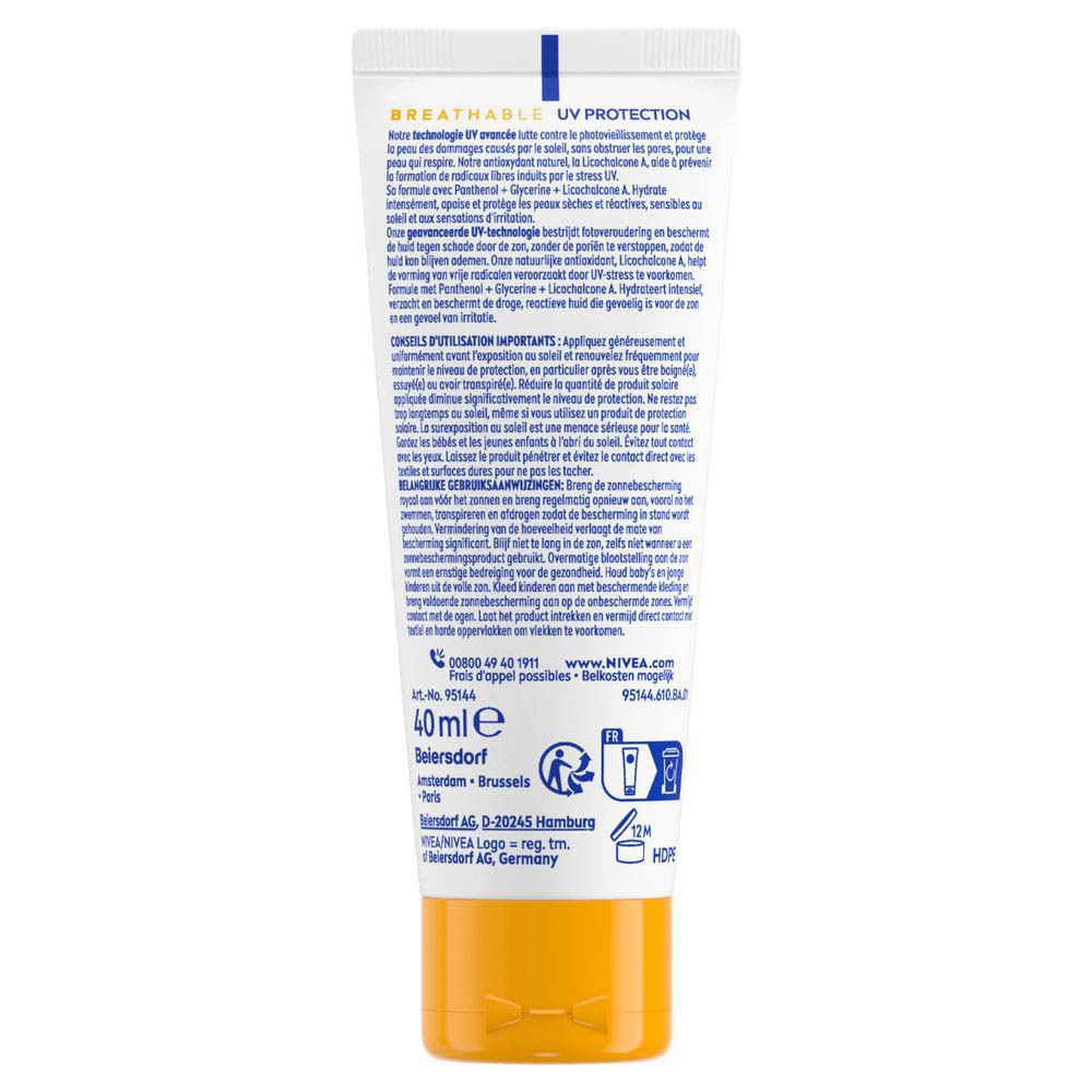Productverpakking en tube. Opschrift: NIVEA SUN, UV FACE Sensitive, SPF 50+. Tekst in het Frans.