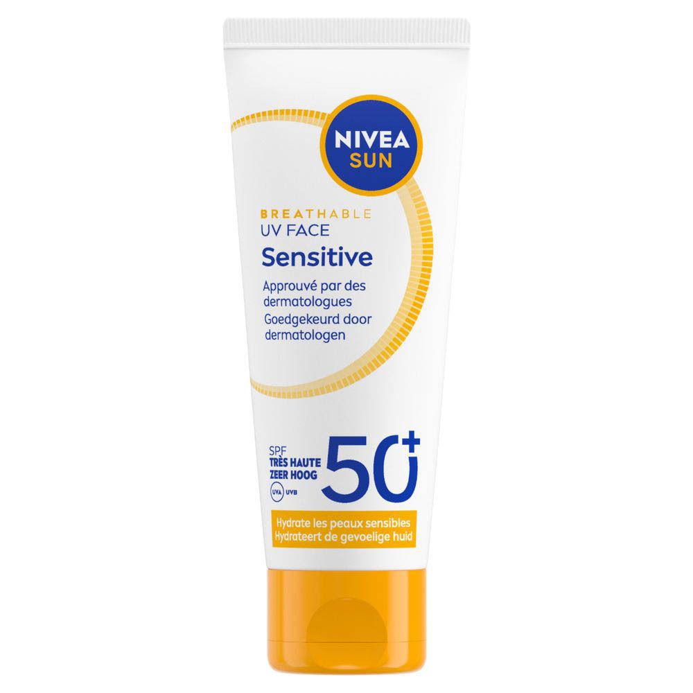Productverpakking. Opschrift: NIVEA SUN, UV FACE Sensitive, SPF 50+. Tekst in het Frans.