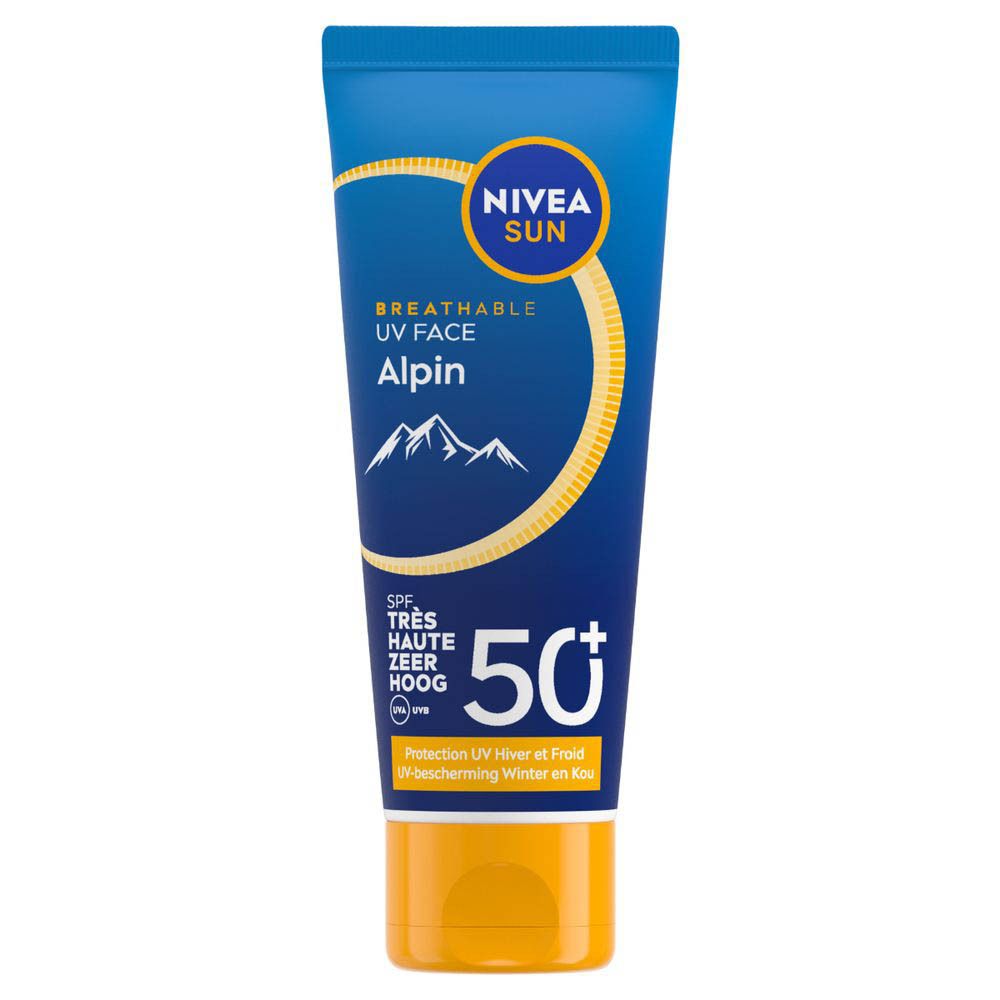 Tube bleu Nivea Sun Alpin crème, SPF 50. Bouchon jaune. Texte en allemand, français et néerlandais.