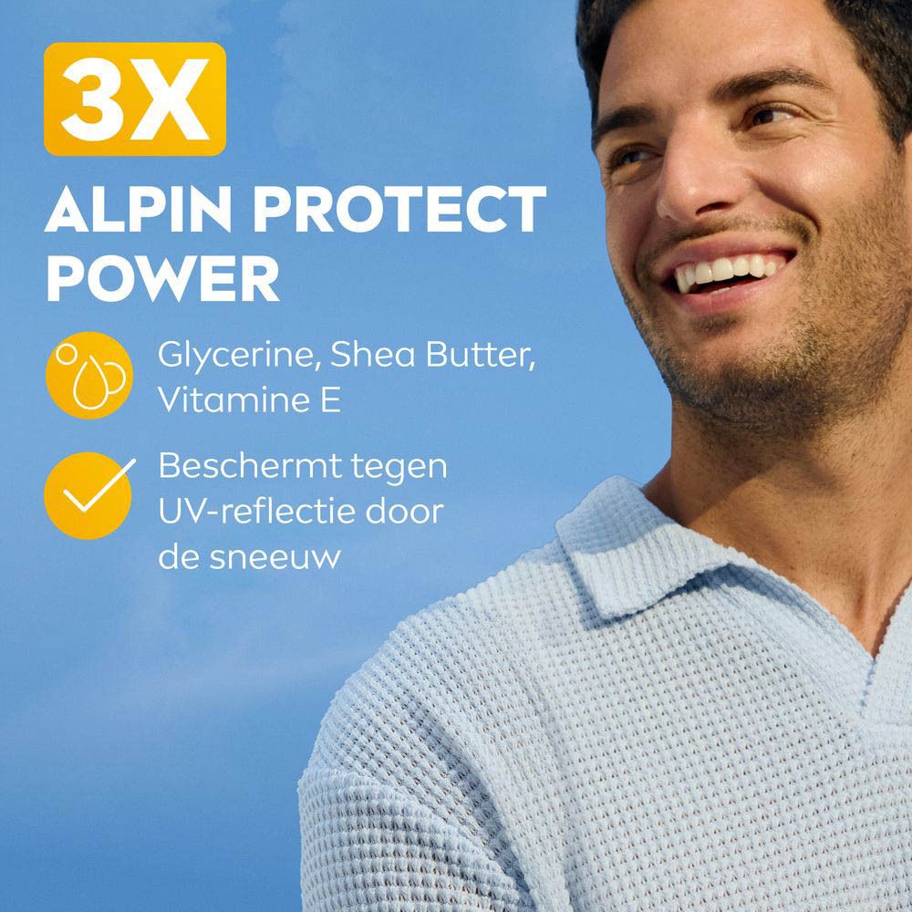 Achterkant van de blauwe tube Nivea Sun Alpin crème. Tekst in het Duits, Frans en Nederlands. 40ml.