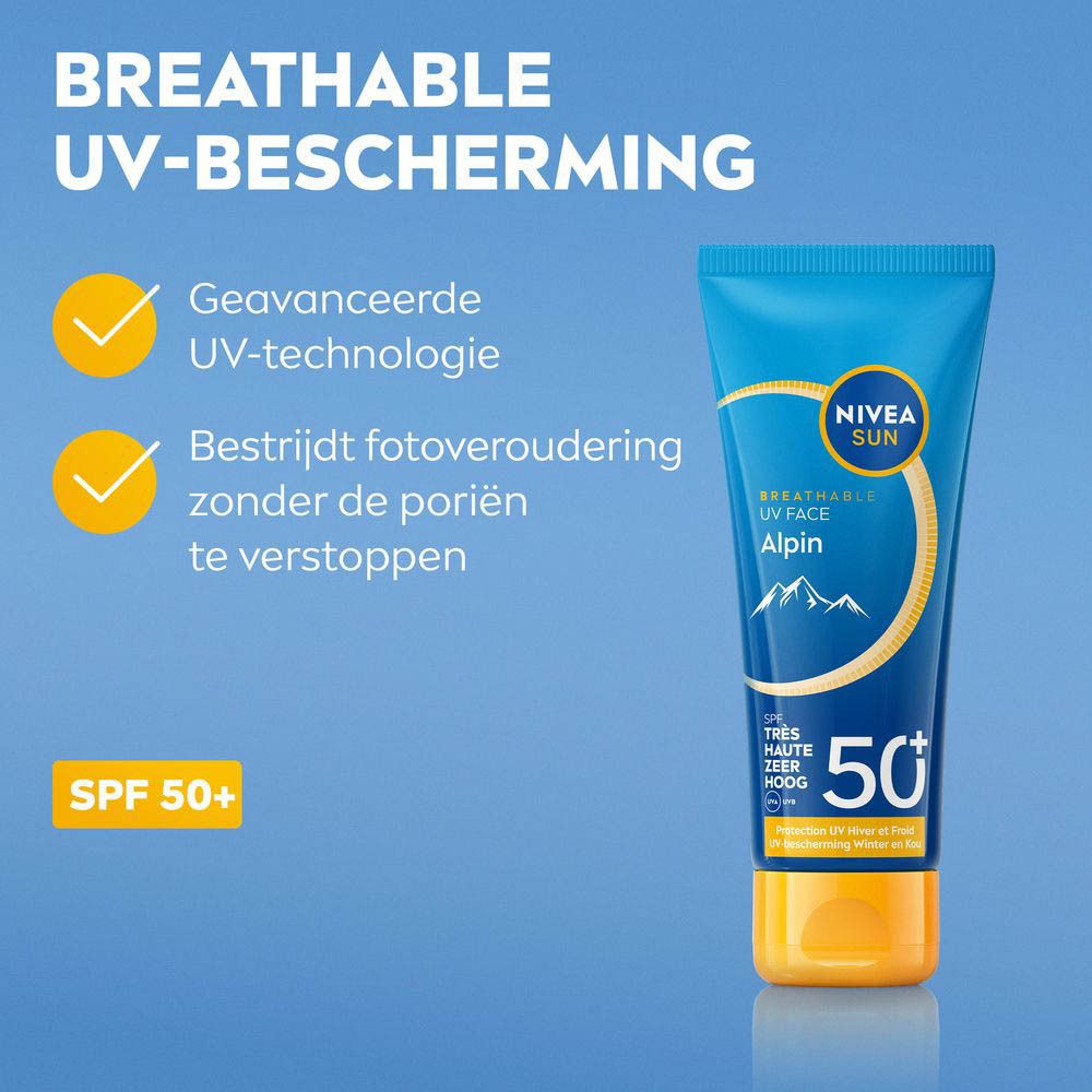 Zijkant van de blauwe doos met Nivea Sun Alpin crème. Tekst in het Duits en Nederlands. Nieuwe formule.