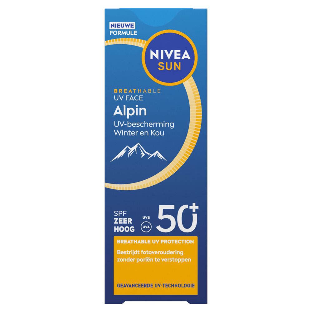Nivea Sun Alpin crème, SPF 50, in doos en tube. Blauwe verpakking. Tekst in het Duits en Nederlands.