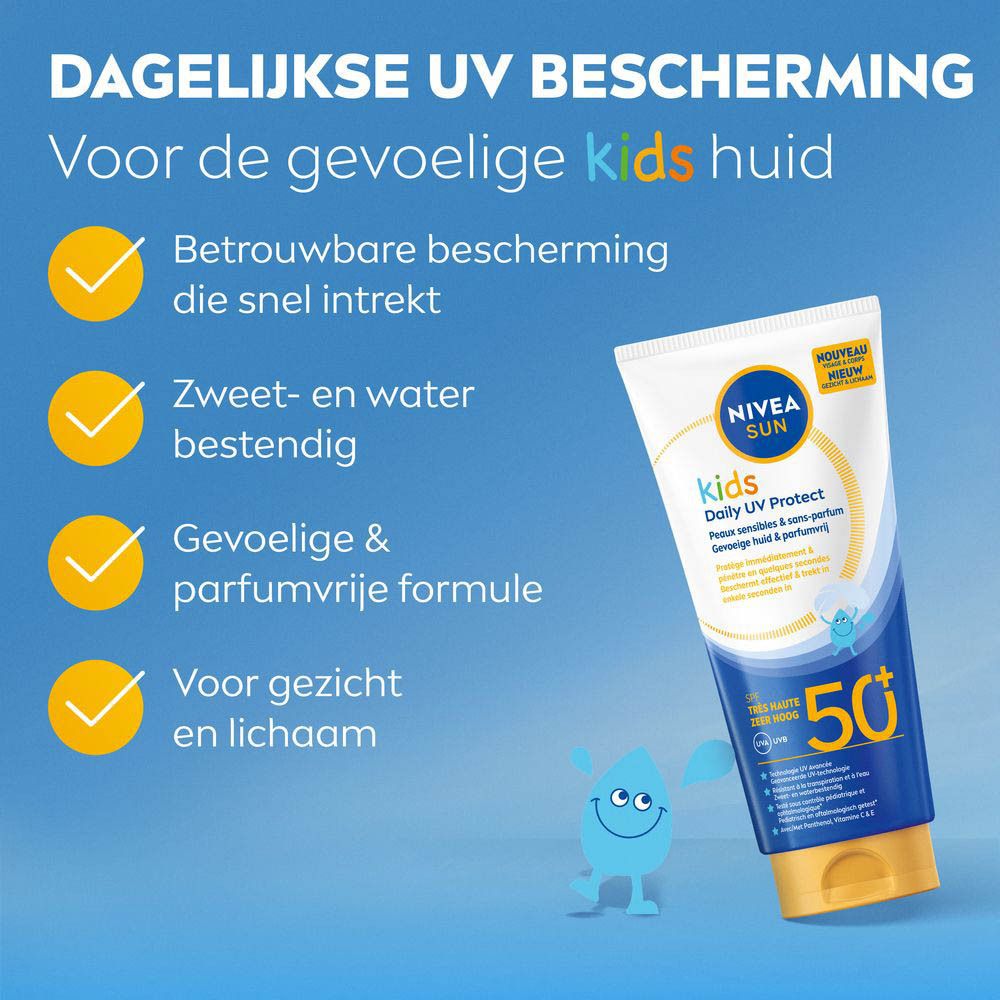 Afbeelding met tekst: Dagelijkse UV-bescherming voor de gevoelige kinderhuid. Product en iconen.