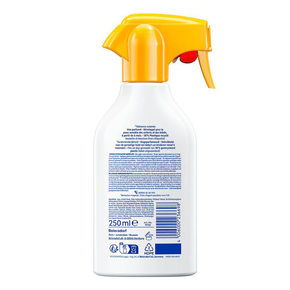 Achterkant van de witte fles met gele spraykop. Tekst en barcode.