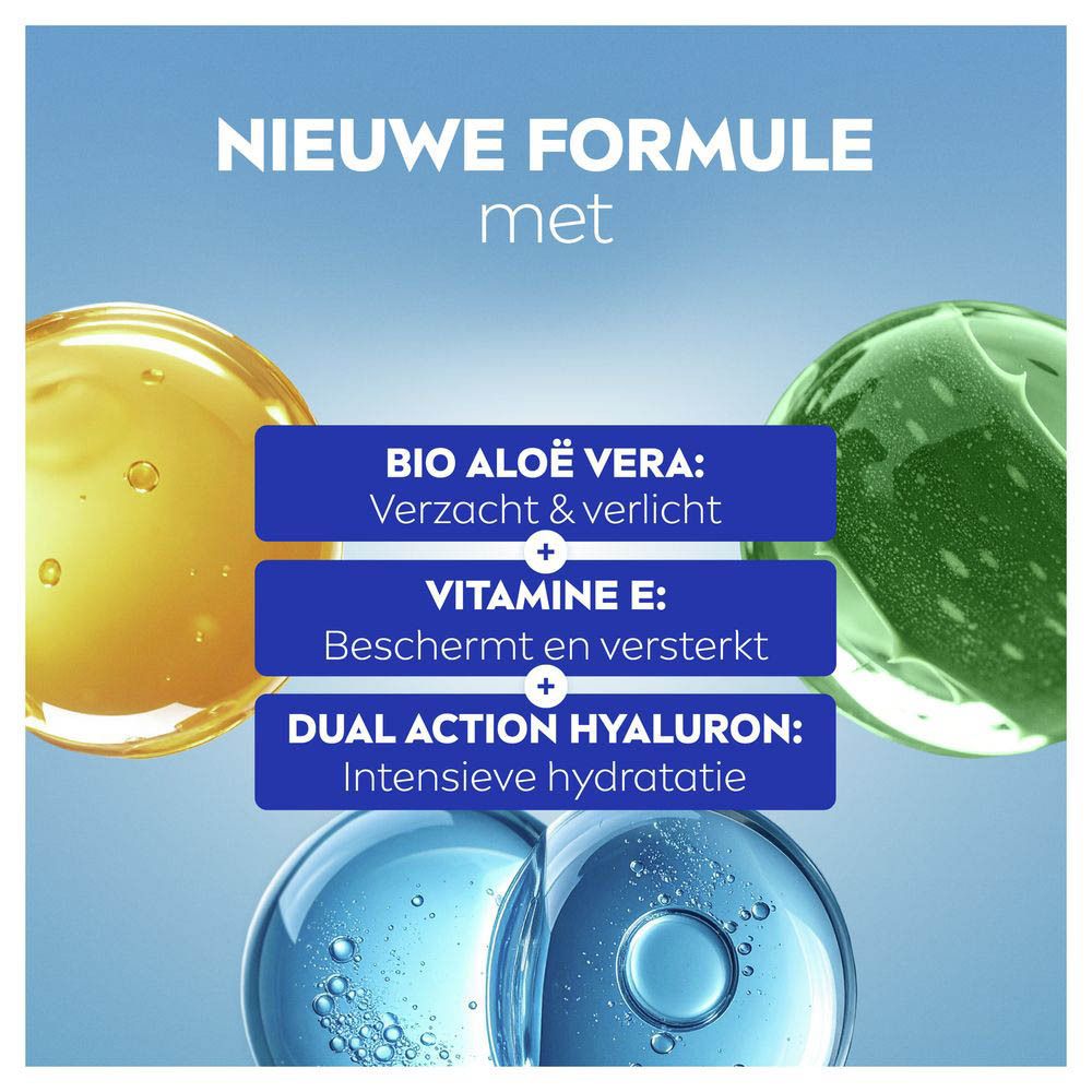 Afbeelding met gele, groene en blauwe elementen. Tekst: BIO ALOE VERA, VITAMINE E, DUAL ACTION HYALURON.