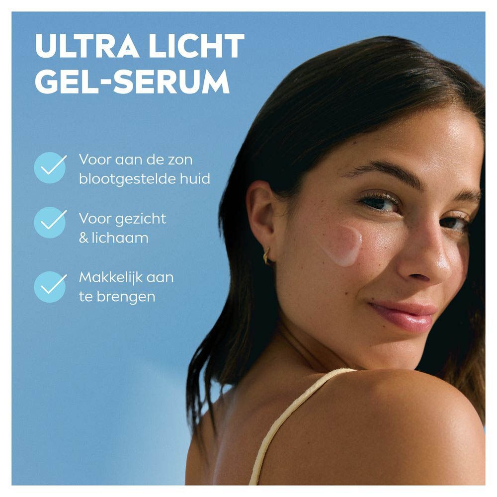 Vrouw met product op de huid. Tekst: Voor aan de zon blootgestelde huid, Voor gezicht & lichaam, Makkelijk aan te brengen.