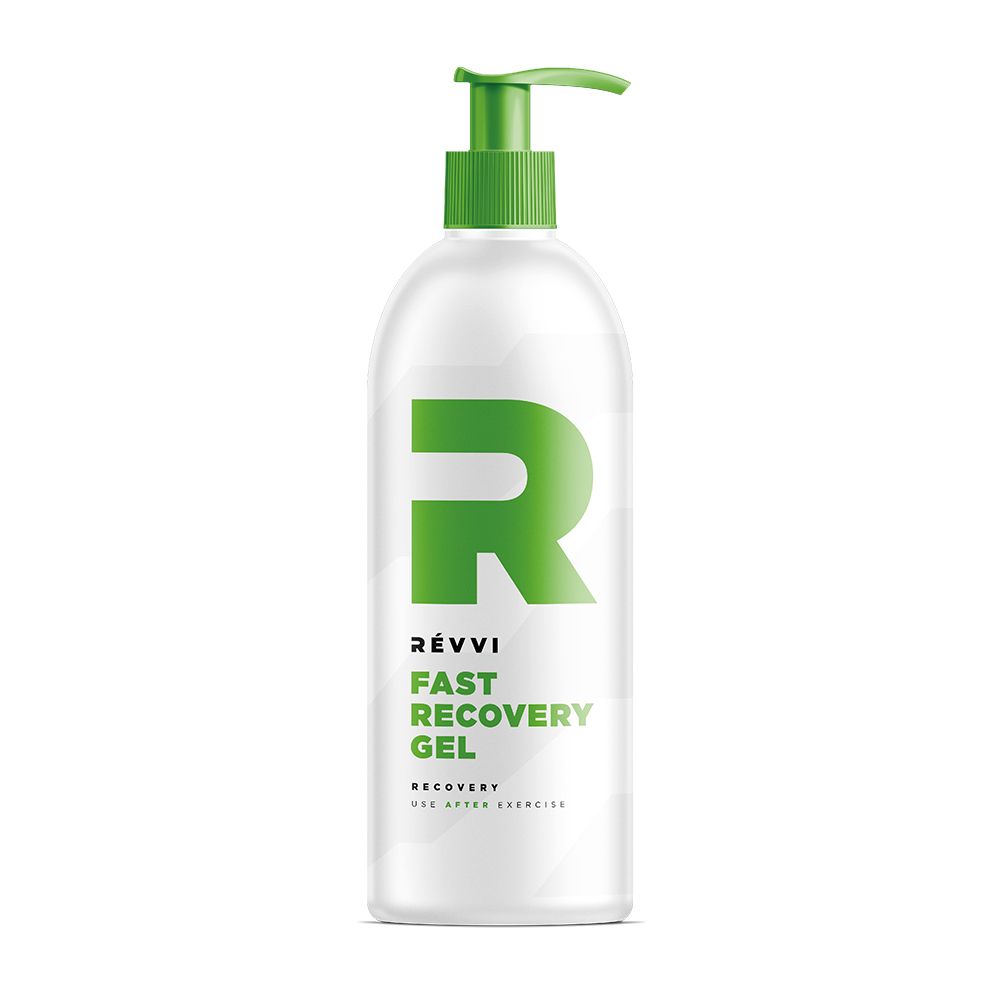 Witte fles met groen "R"-logo en tekst RÉVVI FAST RECOVERY GEL. Groene pomp.
