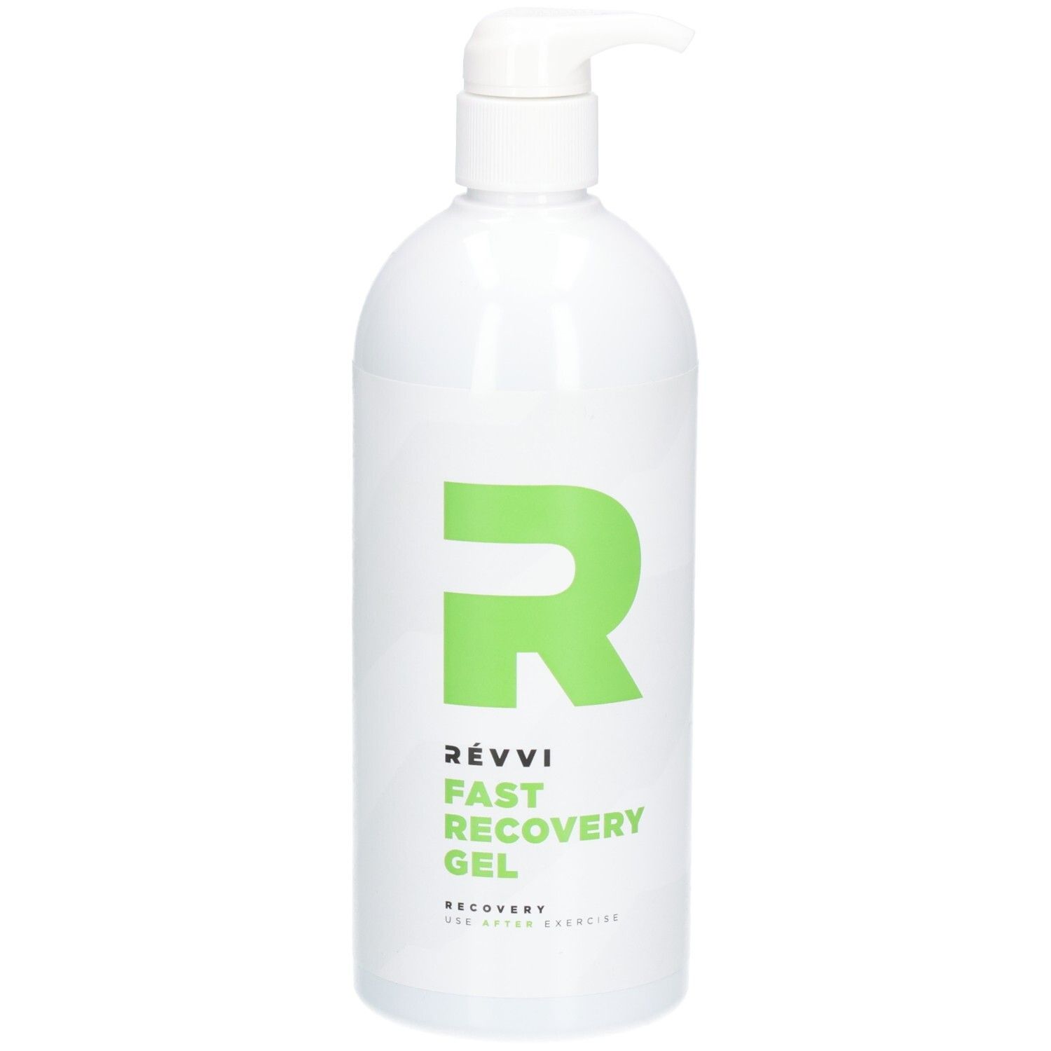 Witte fles met groen "R"-logo en tekst RÉVVI FAST RECOVERY GEL. Pompdop.