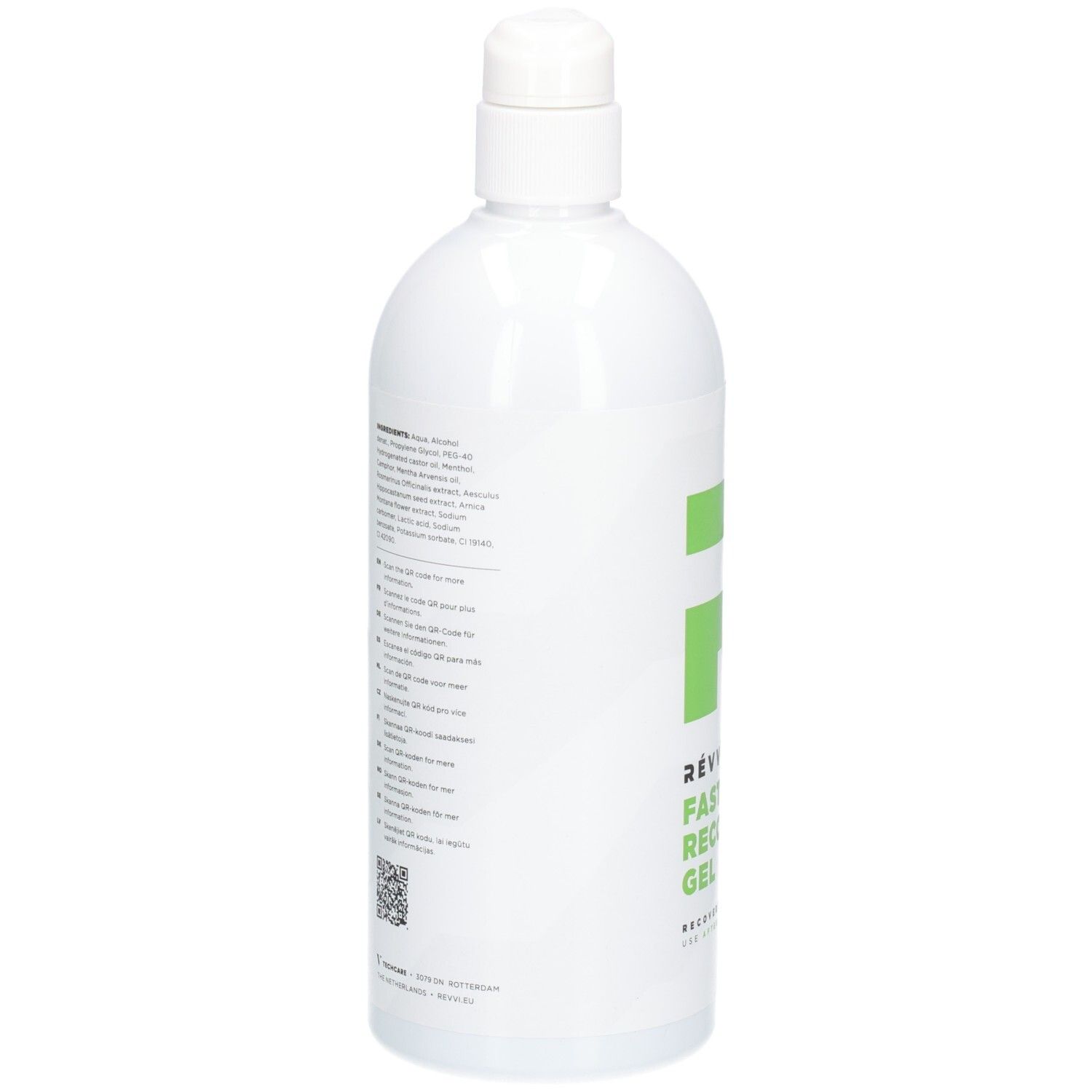 Achterkant van de witte fles met tekst en QR-code. Productnaam RÉVVI FAST RECOVERY GEL.