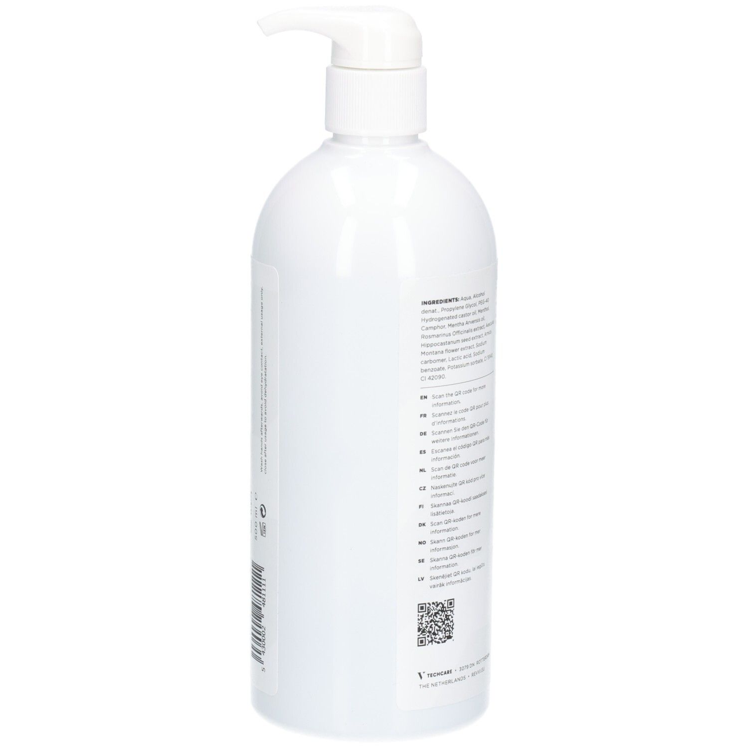 Achterkant van de witte fles met tekst en QR-code. Productnaam RÉVVI FAST RECOVERY GEL.