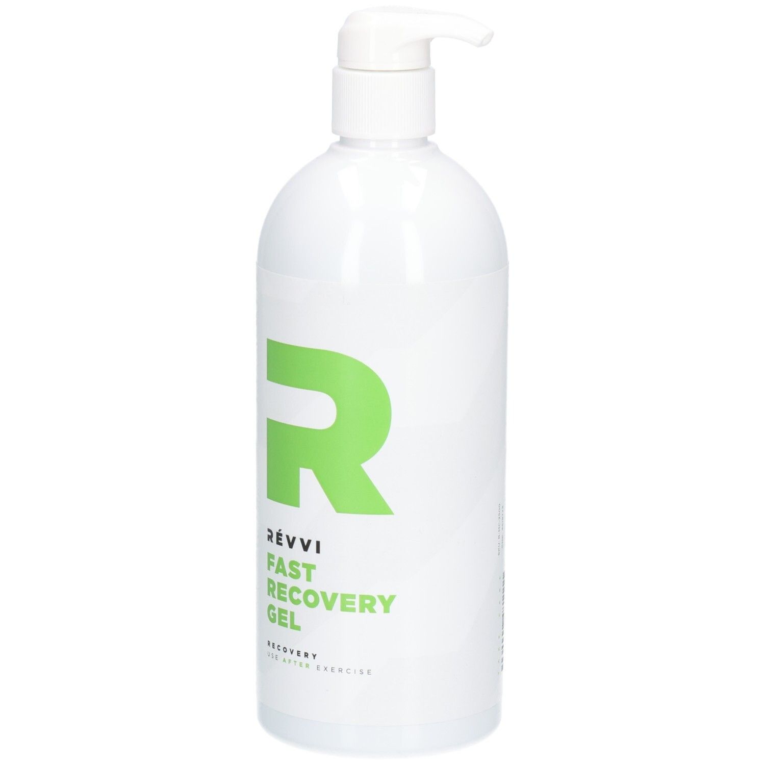 Witte fles met groen "R"-logo en tekst RÉVVI FAST RECOVERY GEL. Pompdop.