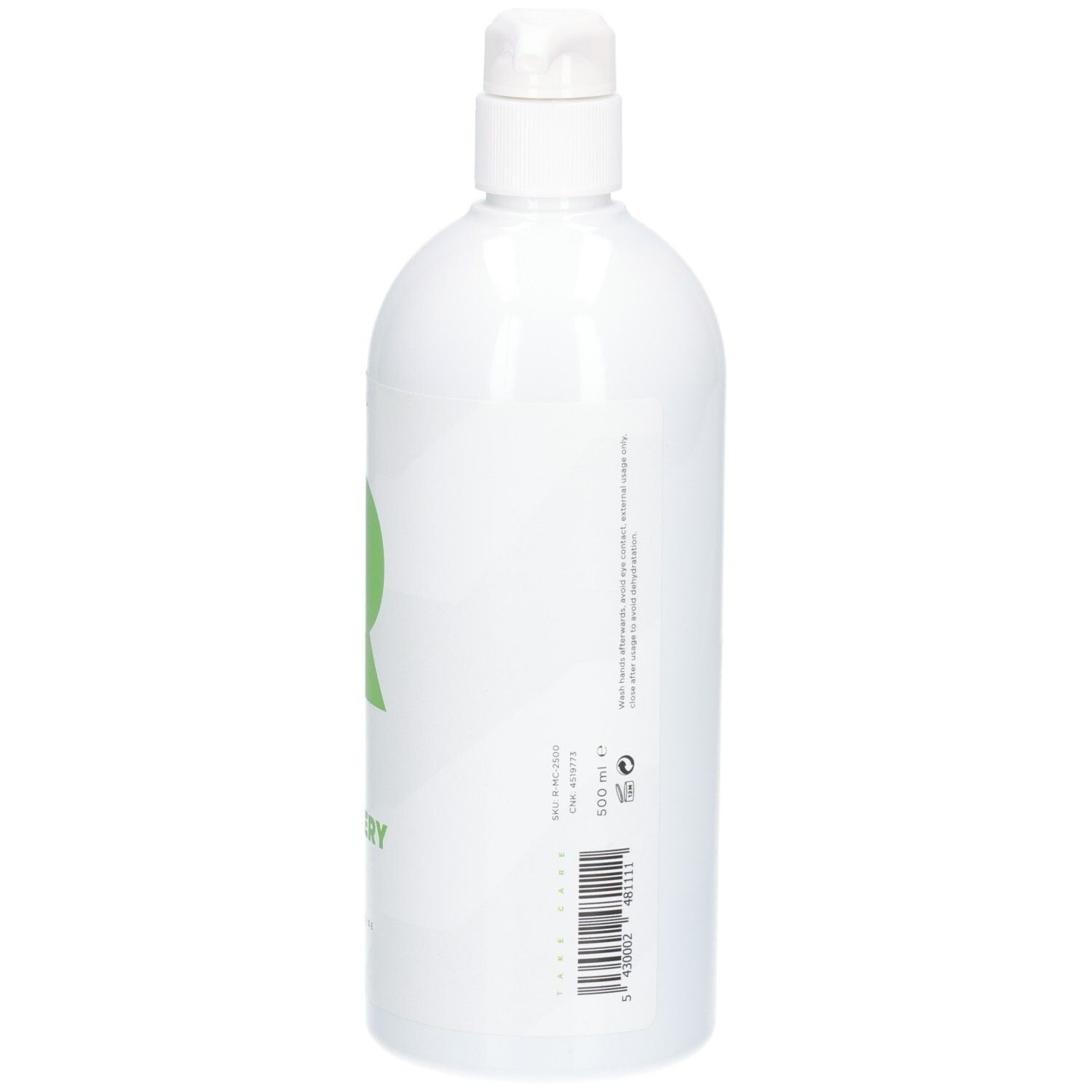 Witte fles met groen "R"-logo en tekst RÉVVI FAST RECOVERY GEL. Pompdop.