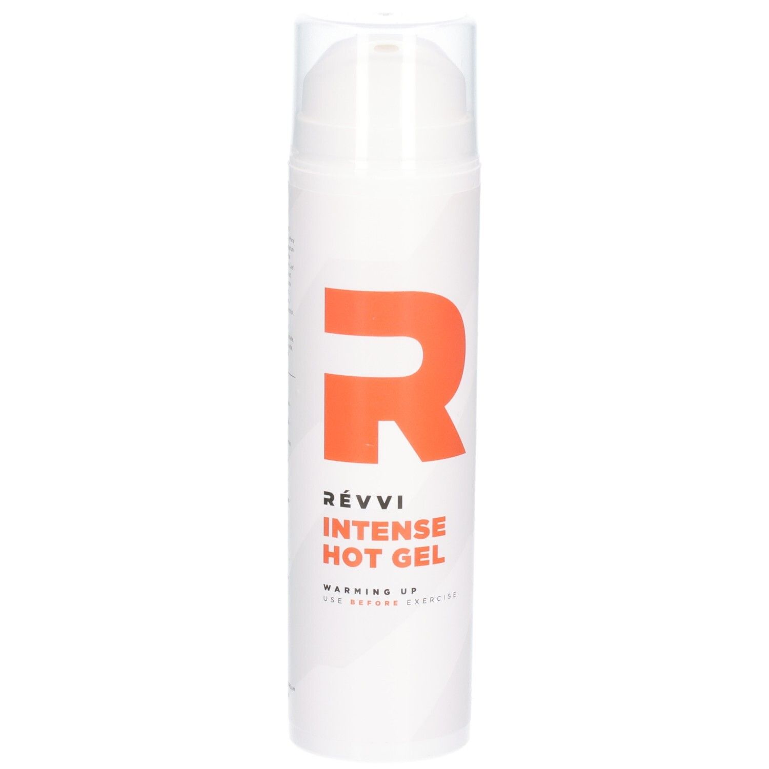 Witte cilinder met oranje 'R' en tekst: RÉVVI INTENSE HOT GEL. Transparante pomp. Opschrift: WARMING UP. Voor het sporten.