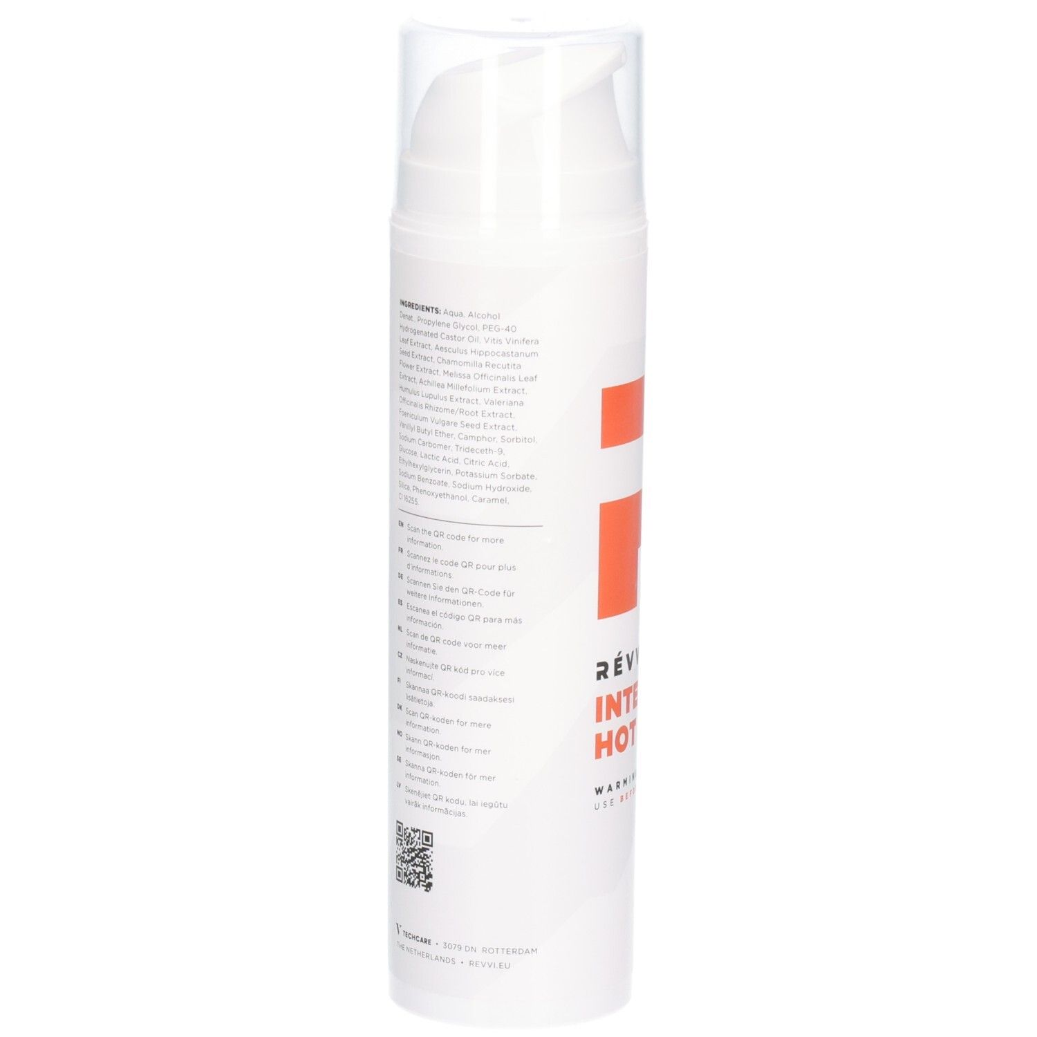 Witte cilinder met tekst en QR-code. Opschrift: RÉVVI INTENSE HOT GEL. Ingrediënten en instructies in meerdere talen.