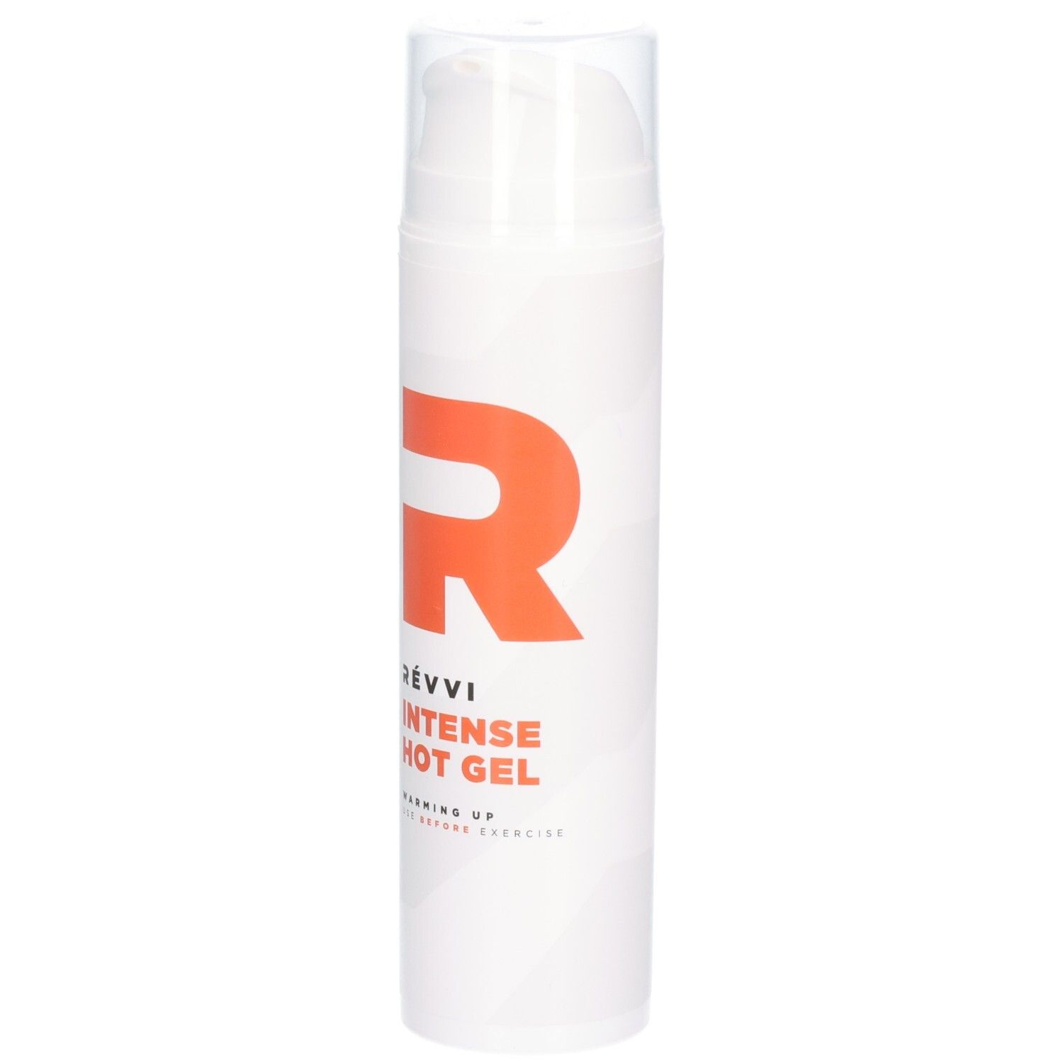 Witte cilinder met oranje 'R' en tekst: RÉVVI INTENSE HOT GEL. Transparante pomp. Opschrift: WARMING UP. Voor het sporten.