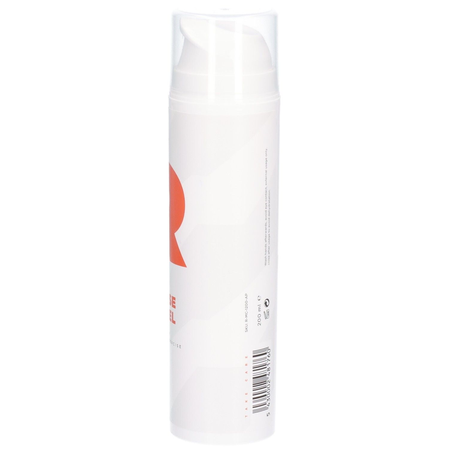 Witte cilinder met oranje 'R' en tekst: RÉVVI INTENSE HOT GEL. Transparante pomp. Opschrift: WARMING UP. Voor het sporten.