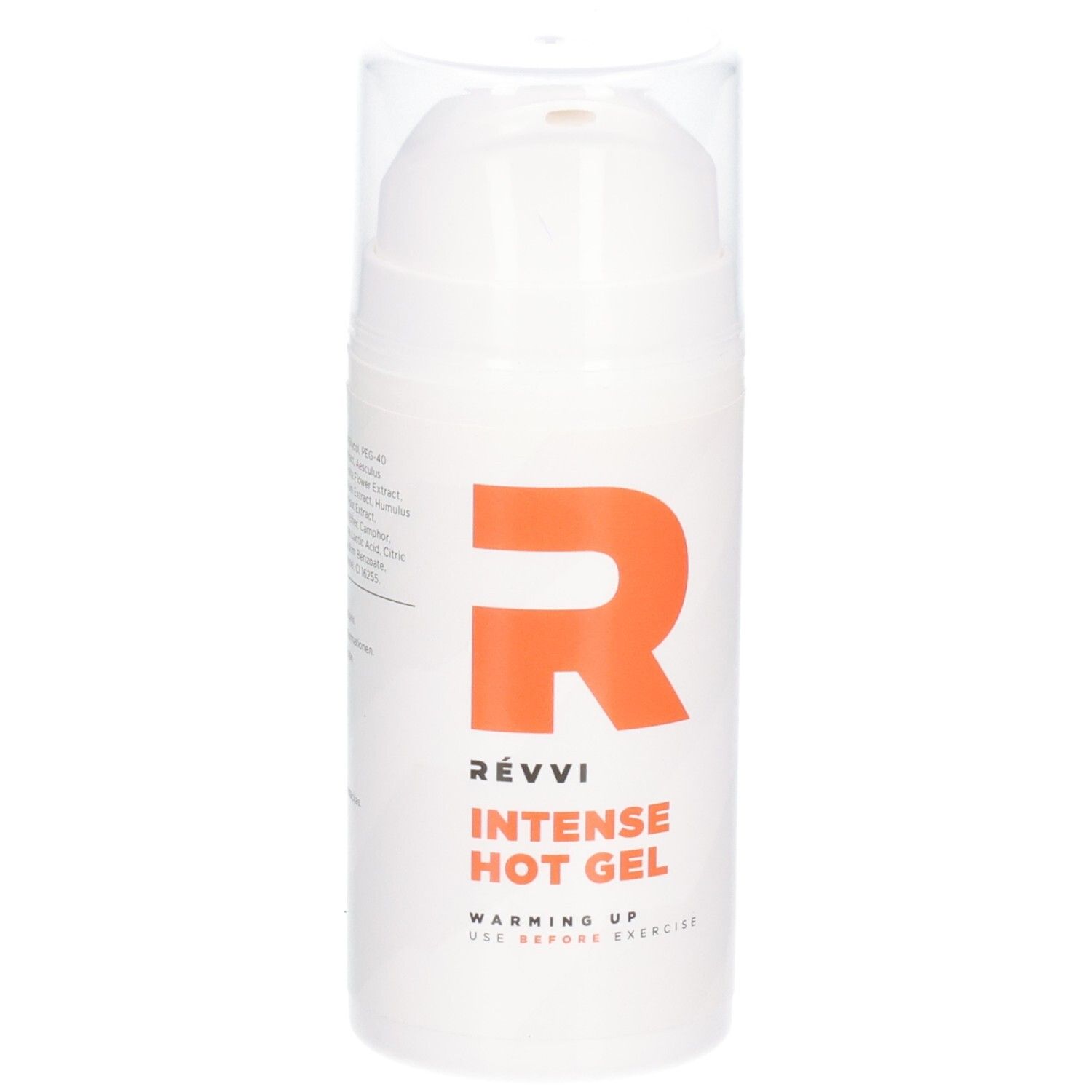Witte cilinder met oranje R. Opschrift: RÉVVI Intense Hot Gel. Transparante dop.