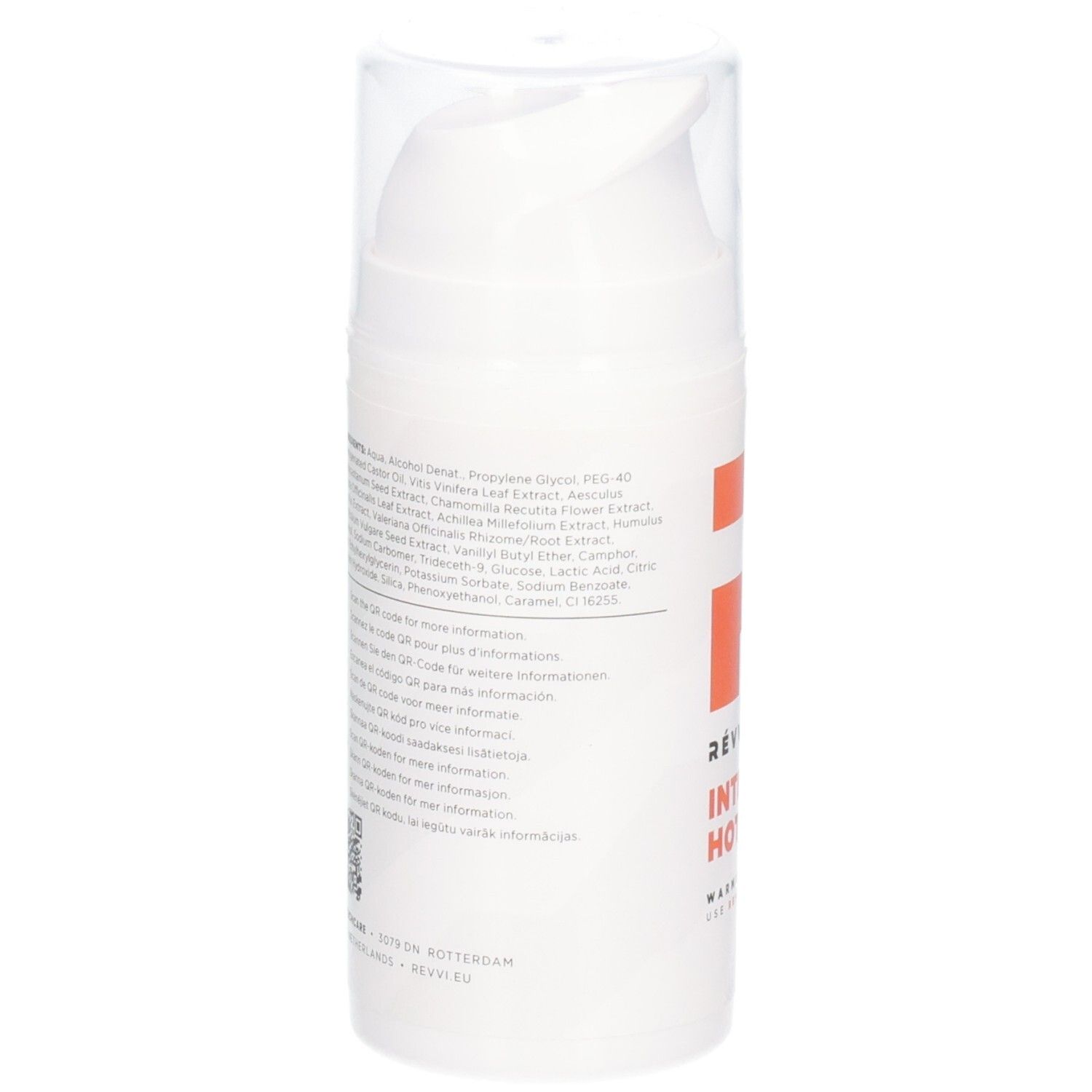 Witte cilinder met ingrediëntenlijst en QR-code. Transparante dop.