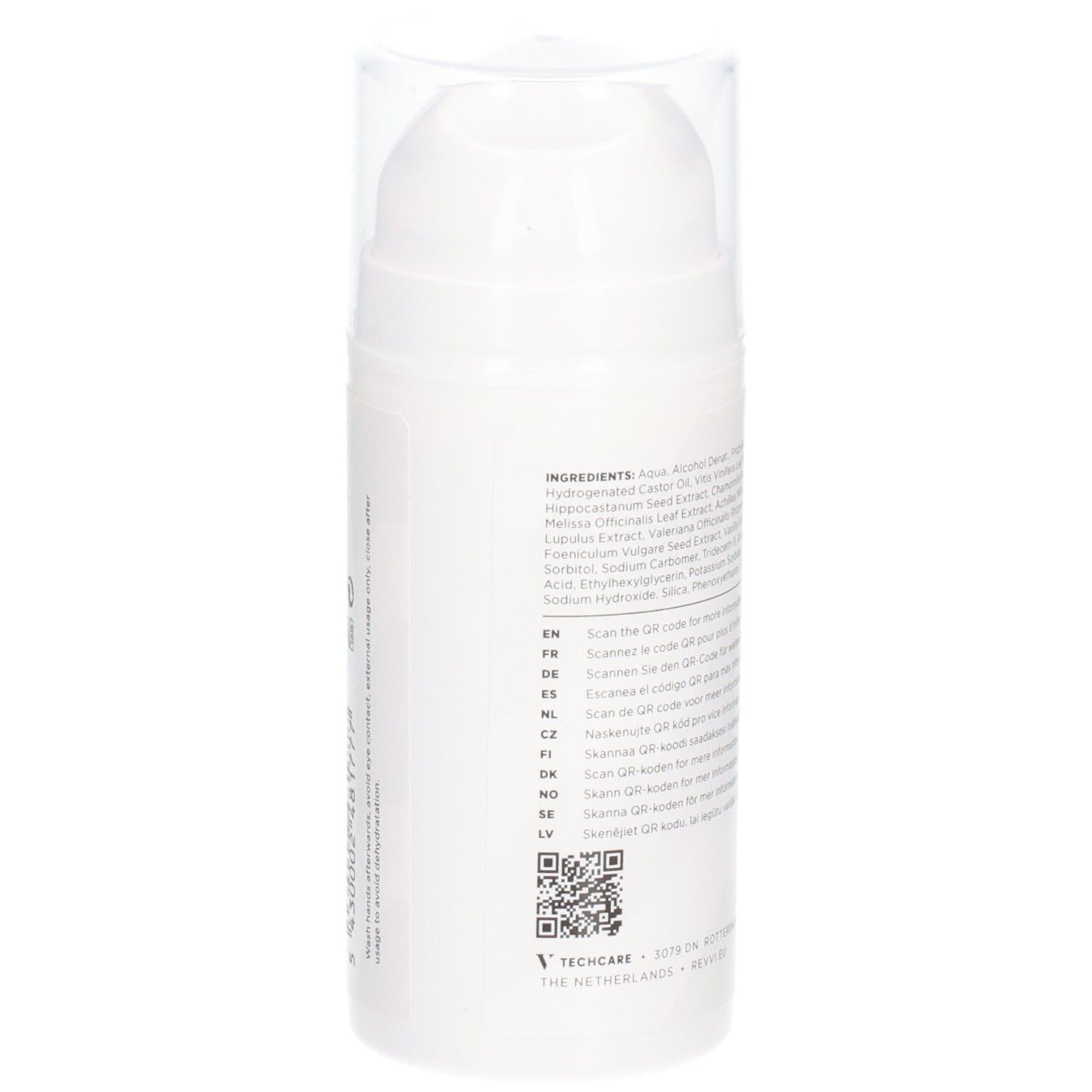 Witte cilinder met ingrediëntenlijst en QR-code. Transparante dop.