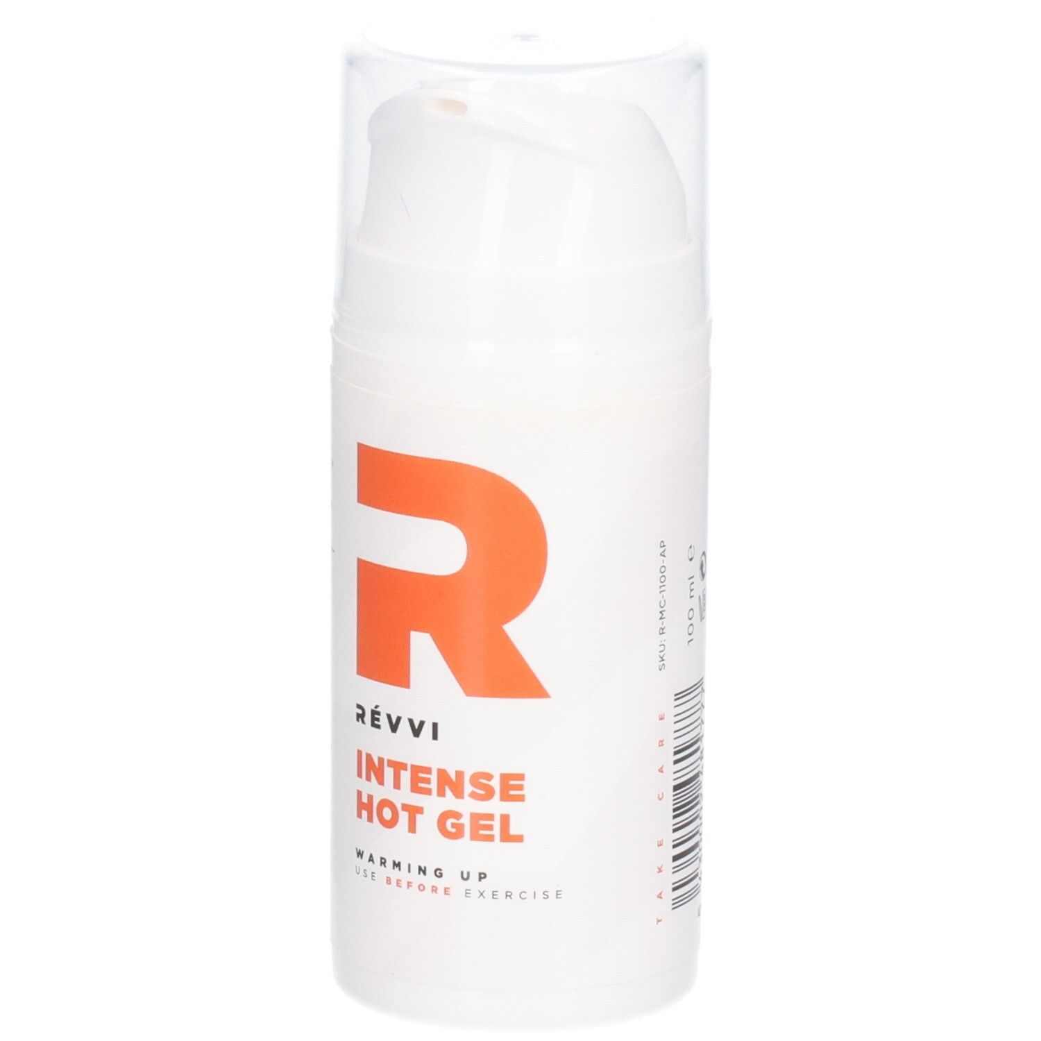 Witte cilinder met oranje R. Opschrift: RÉVVI Intense Hot Gel. Transparante dop.