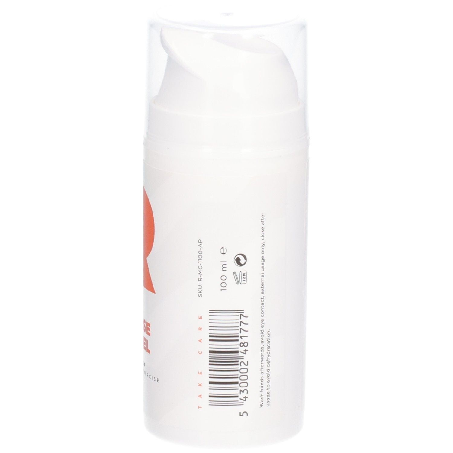 Witte cilinder met oranje R. Opschrift: RÉVVI Intense Hot Gel. Transparante dop. 100 ml.
