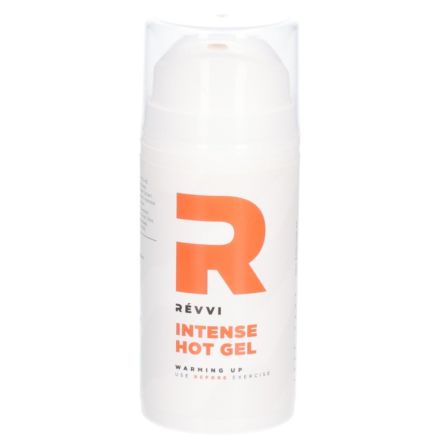 Witte cilinder met oranje R. Opschrift: RÉVVI Intense Hot Gel. Transparante dop.