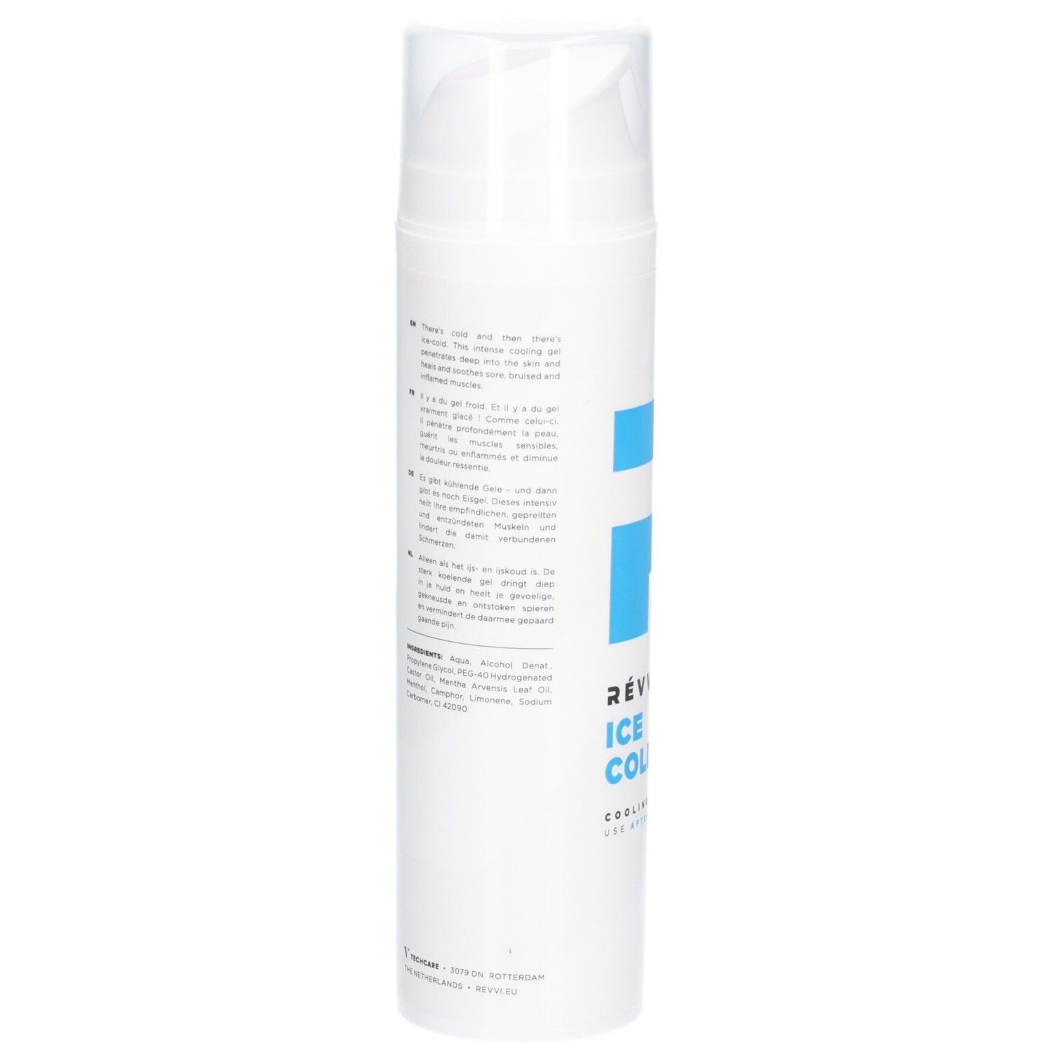 Flacon cylindrique blanc avec logo "R" bleu. Texte : RÉVVI ICE COLD GEL, COOLING, FOR AFTER EXERCISE. Dos avec texte et ingrédients.