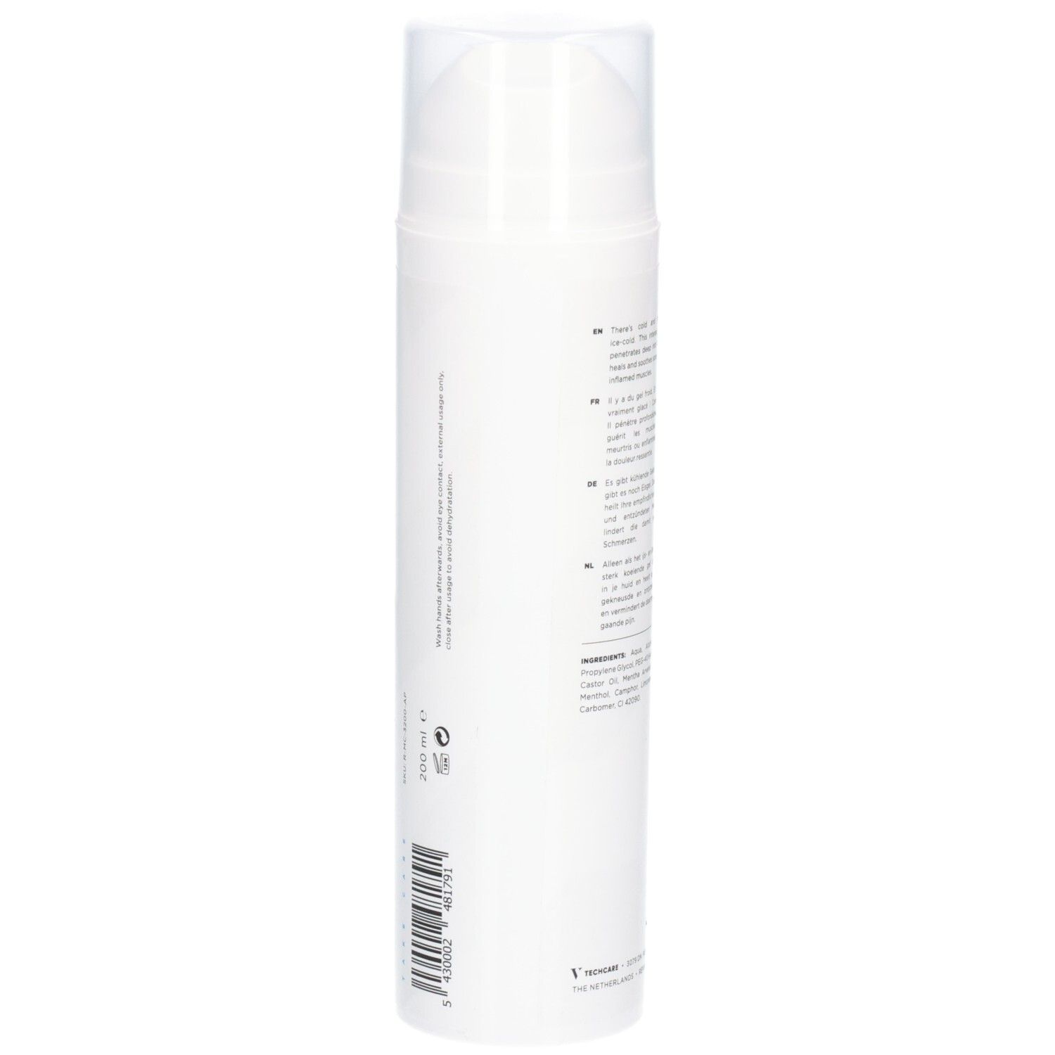 Flacon cylindrique blanc avec logo "R" bleu. Texte : RÉVVI ICE COLD GEL, COOLING, FOR AFTER EXERCISE. Dos avec texte et code-barres.