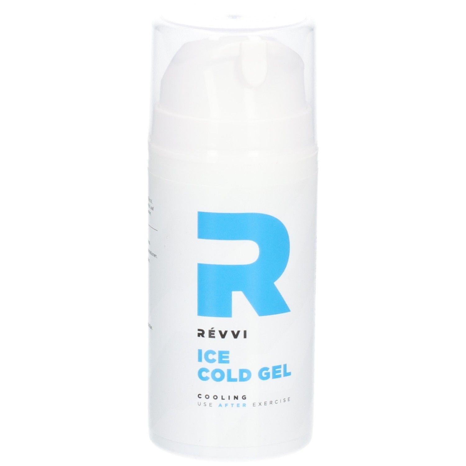 Witte dispenser met blauw "R" logo en tekst "RÉVVI Ice Cold Gel". Verkoelend, na inspanning.