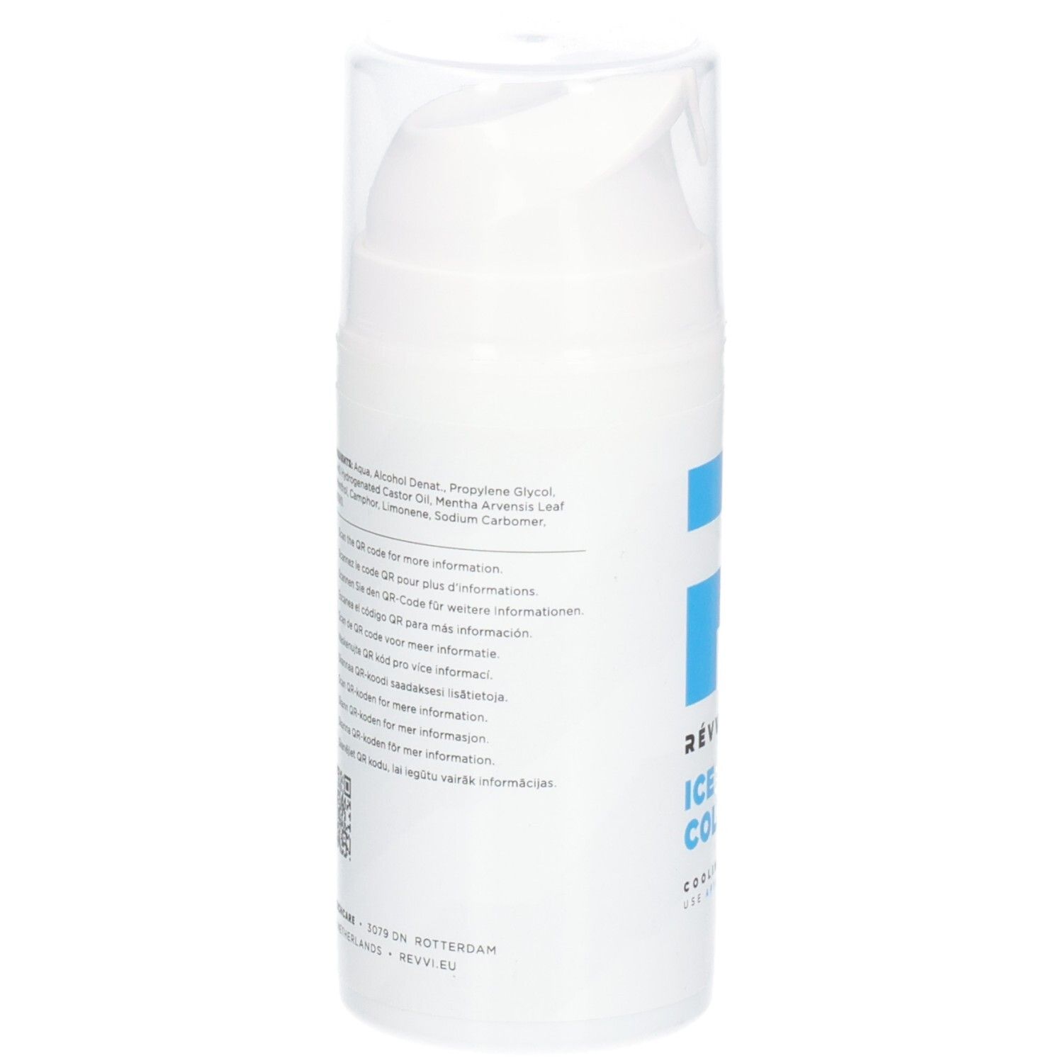 Witte dispenser met ingrediënten en QR-codes. Tekst: "RÉVVI Ice Cold Gel".