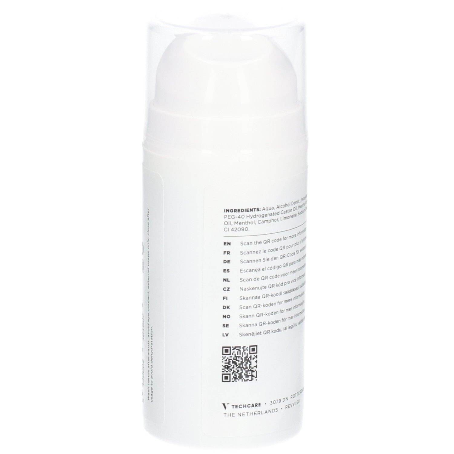 Witte dispenser met ingrediënten en QR-codes. Tekst: "RÉVVI Ice Cold Gel".