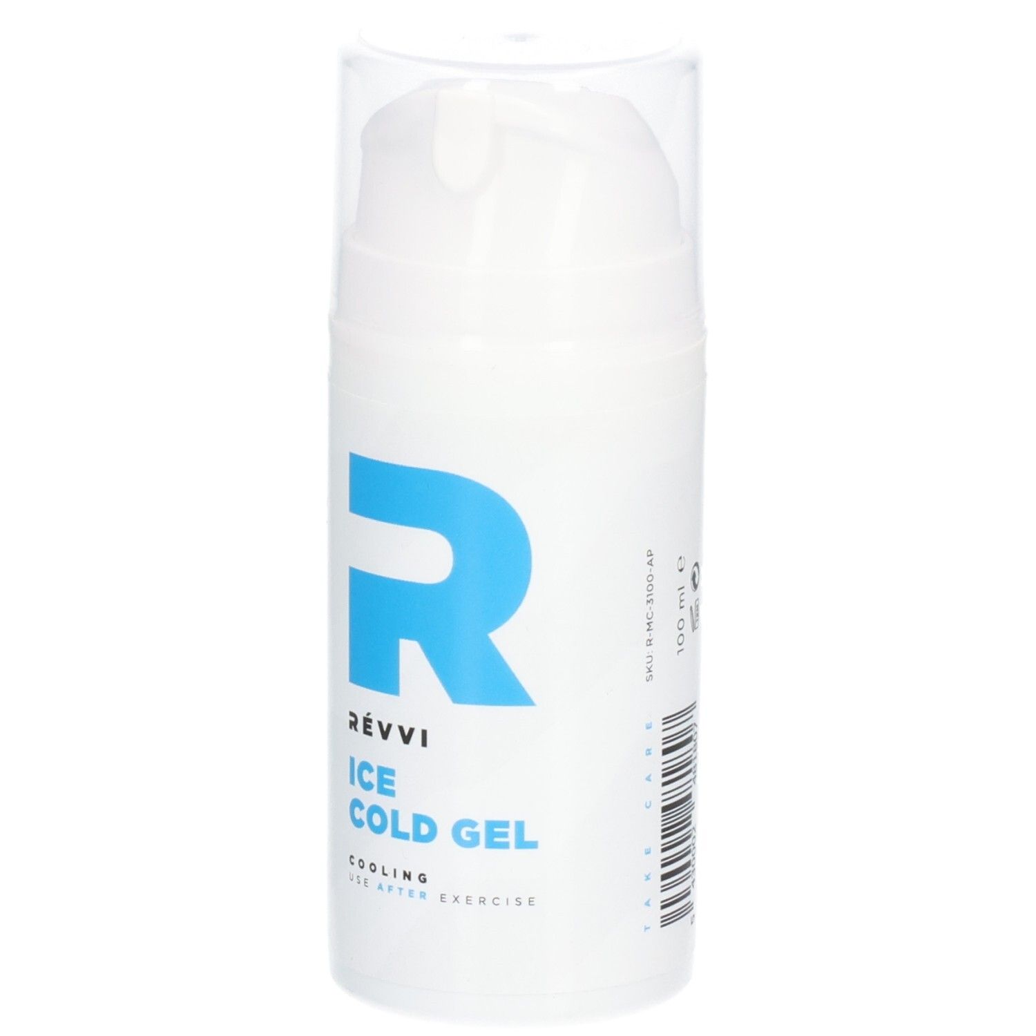 Witte dispenser met blauw "R" logo en tekst "RÉVVI Ice Cold Gel". Verkoelend, na inspanning. 100 ml.