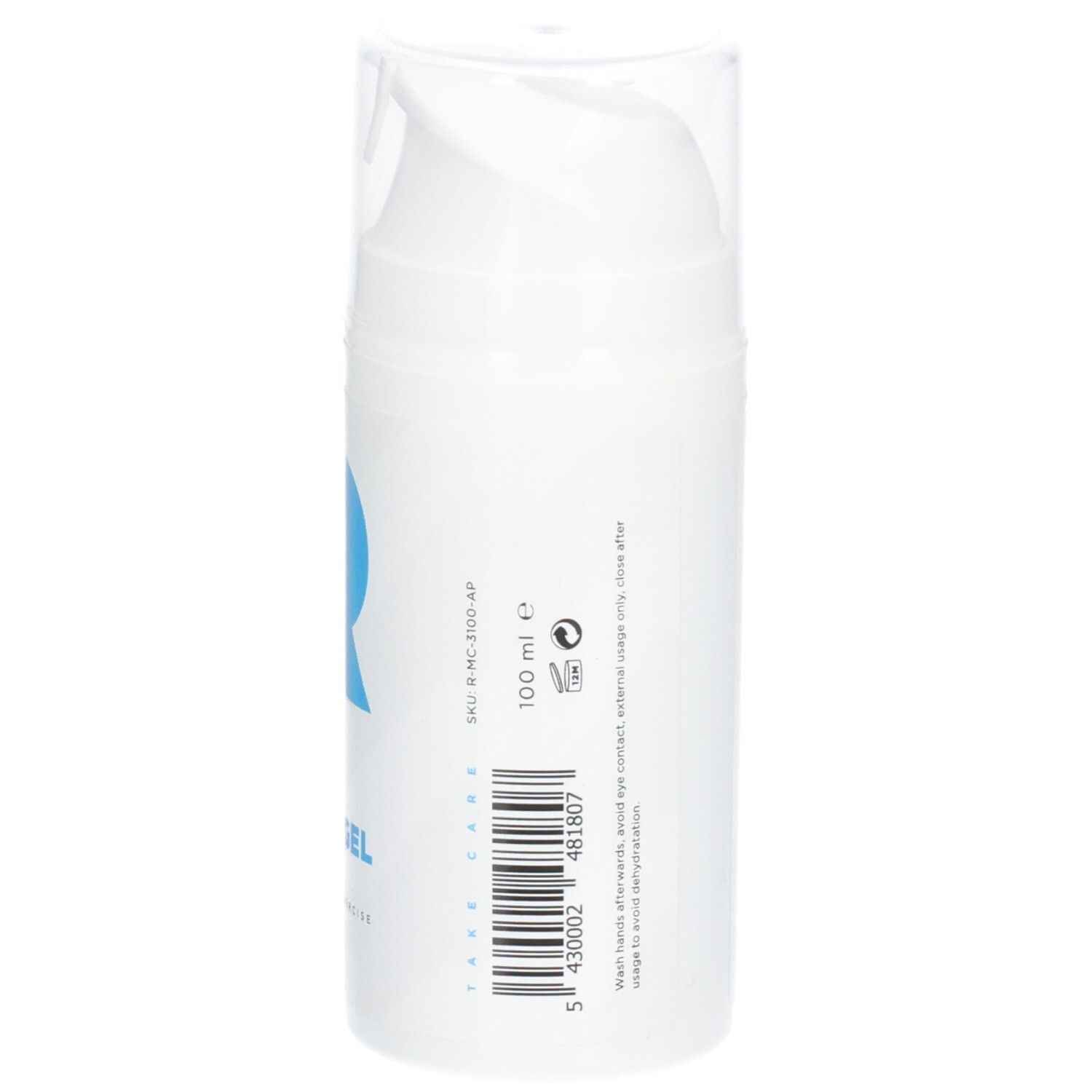 Witte dispenser met blauw "R" logo en tekst "RÉVVI Ice Cold Gel". 100 ml. Barcode.