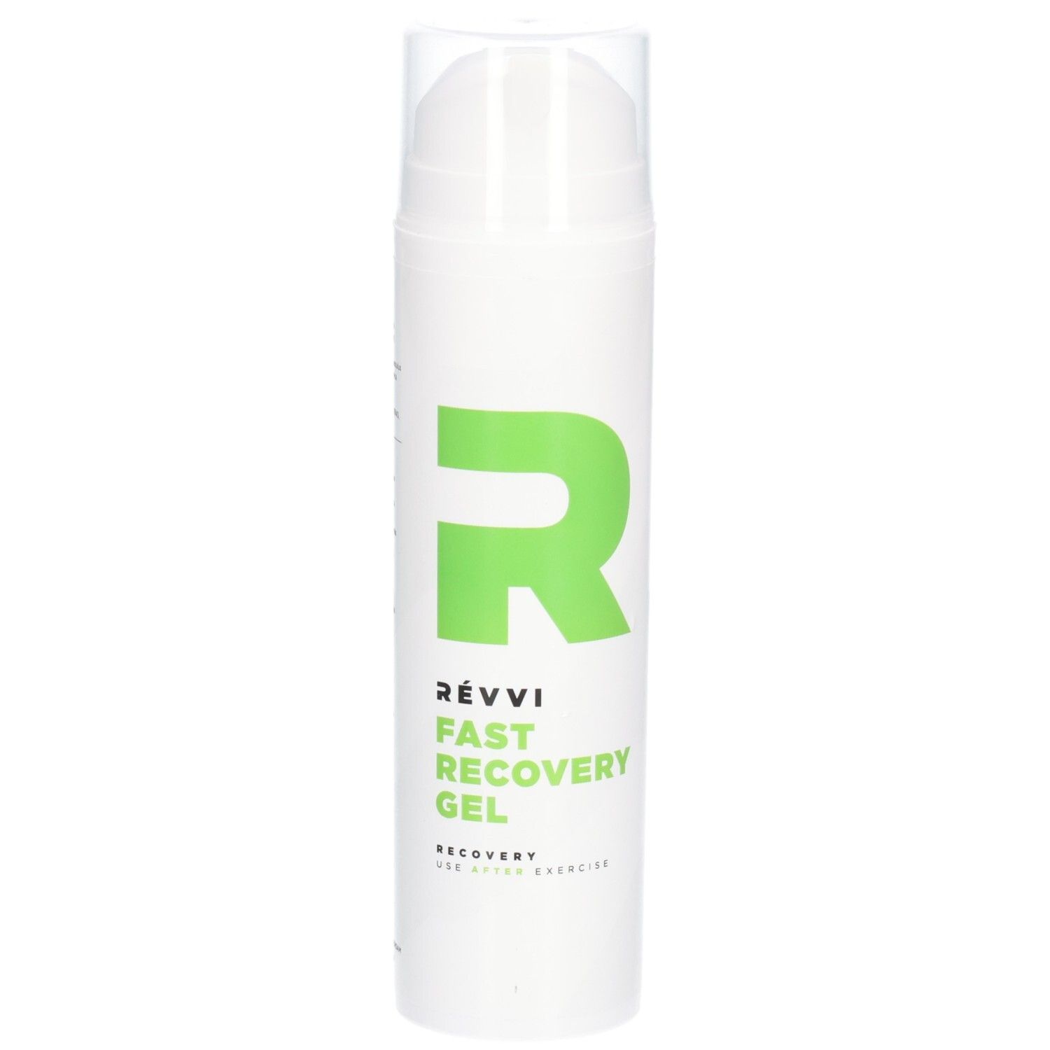 Witte cilinder met groene "R" en tekst. "RÉVVI Fast Recovery Gel" en "Recovery for after exercise" zijn zichtbaar.