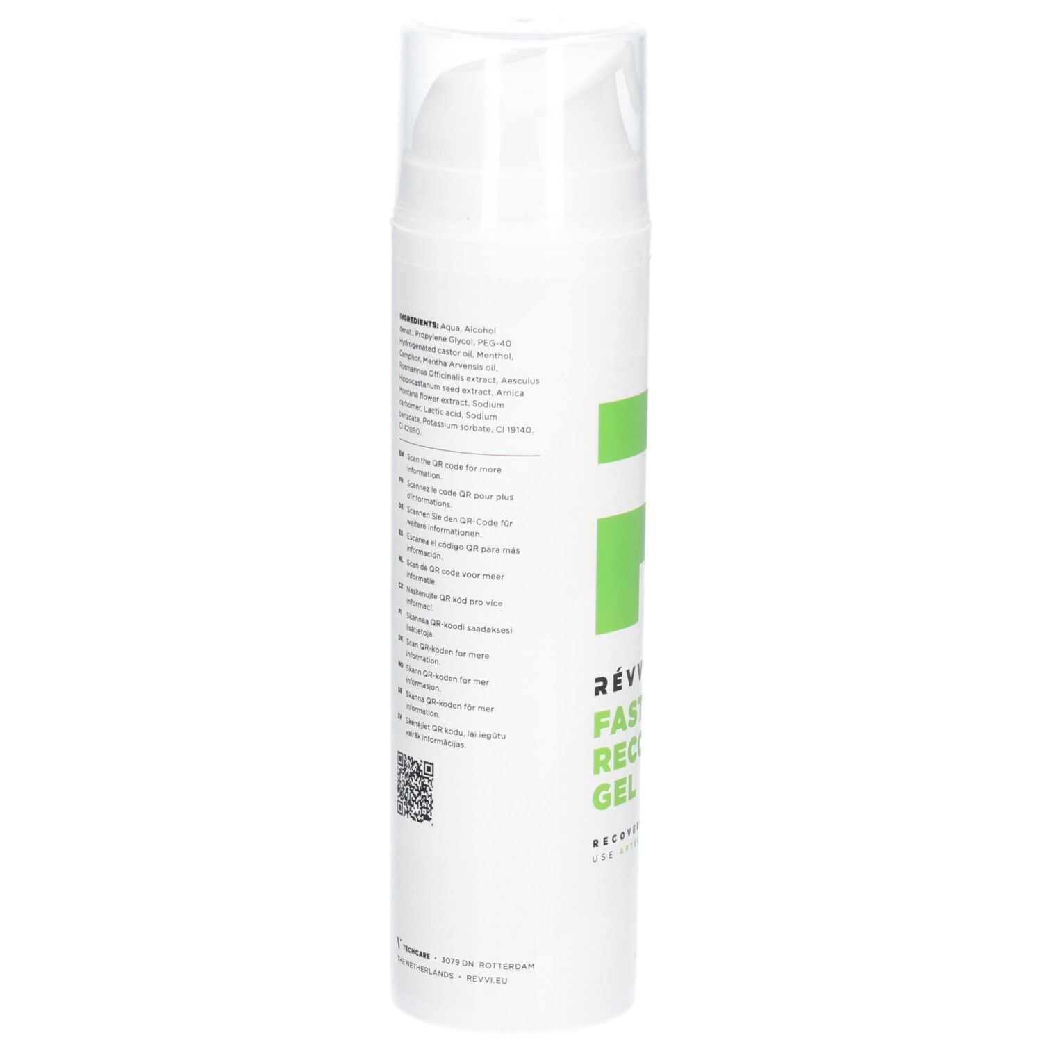 Witte cilinder met tekst. Ingrediëntenlijst en QR-code zichtbaar. "RÉVVI Fast Recovery Gel" gedeeltelijk zichtbaar.