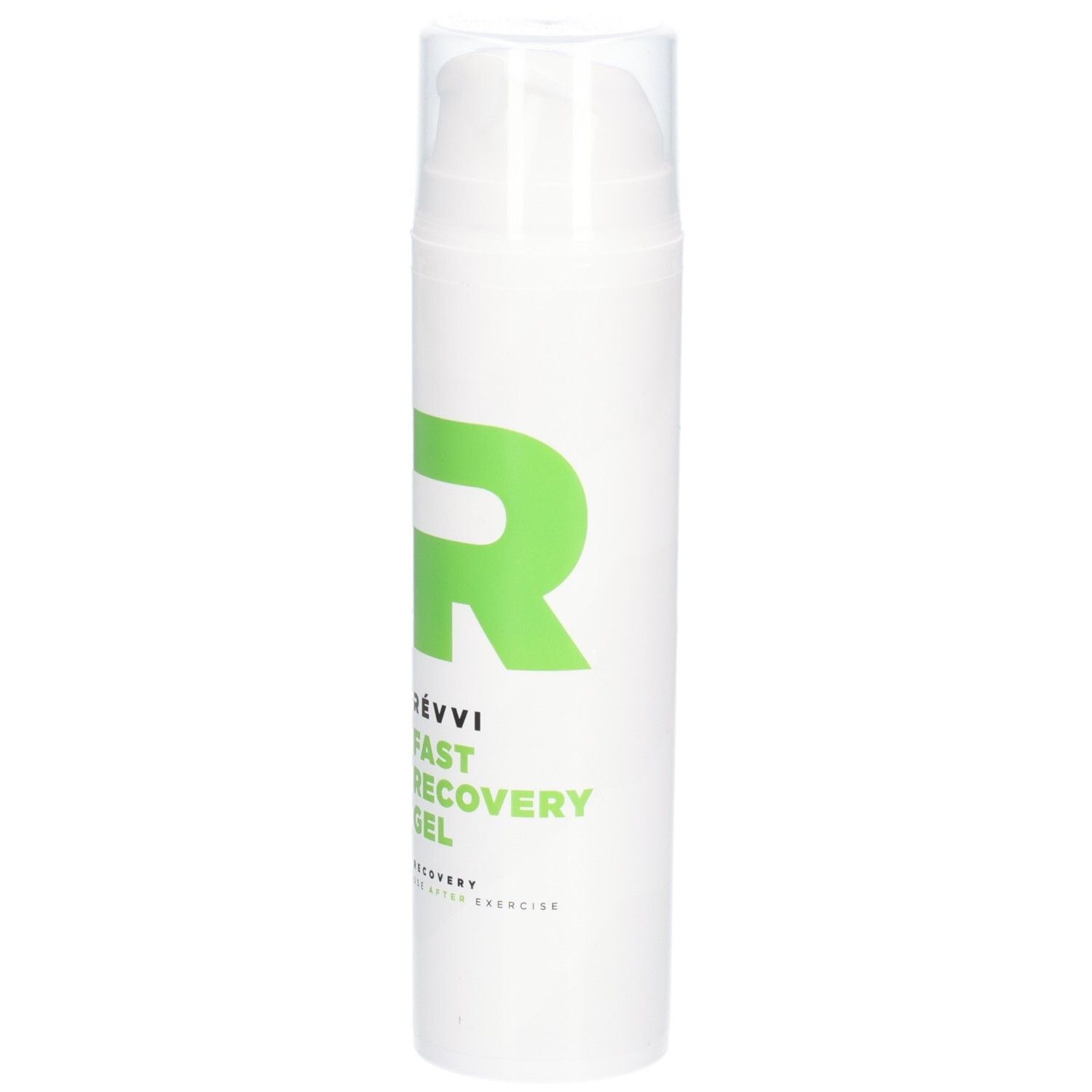 Witte cilinder met groene "R" en tekst. "RÉVVI Fast Recovery Gel" en "Recovery for after exercise" zijn zichtbaar.